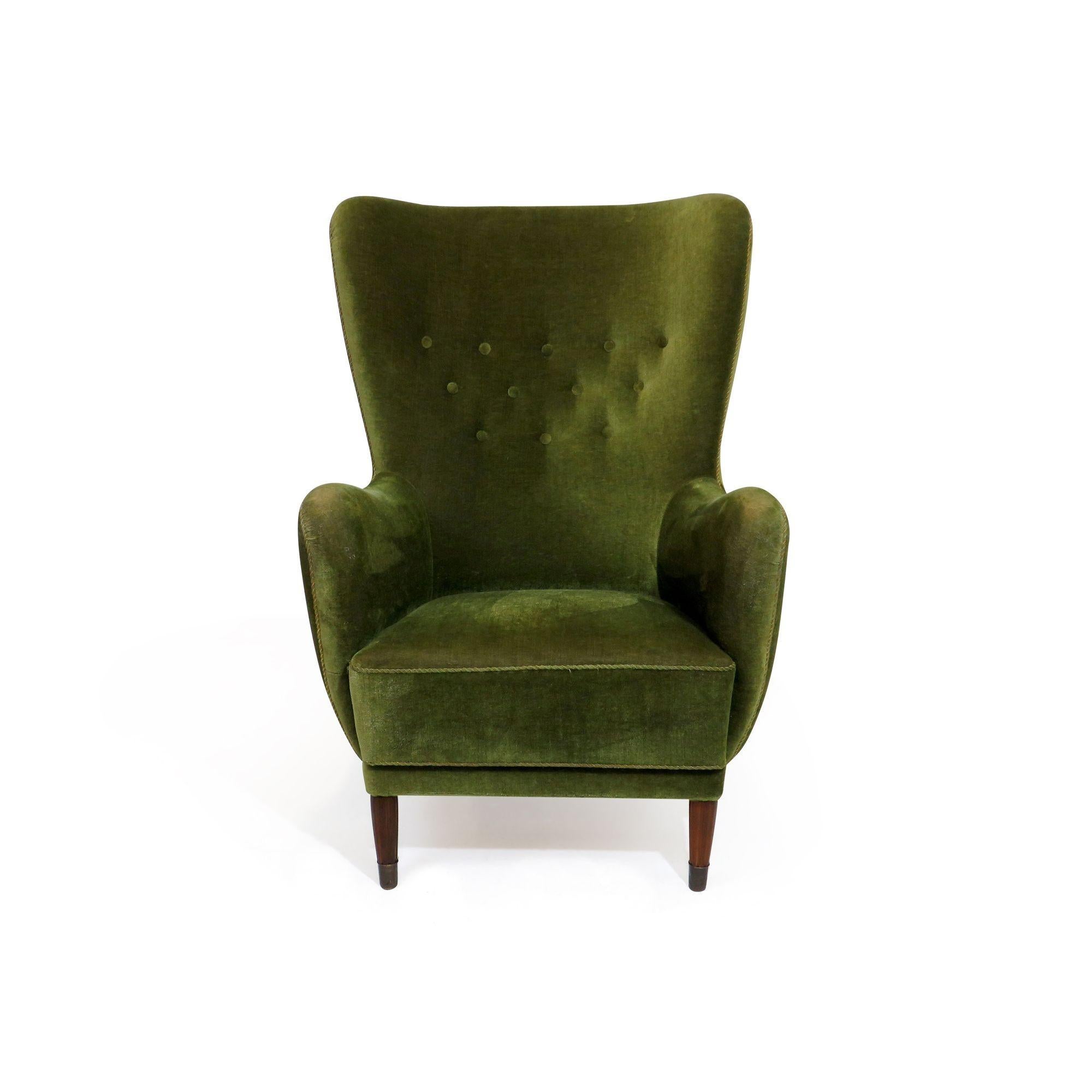 Danish Deco High-back Lounge Chair in Original Green Mohair 1