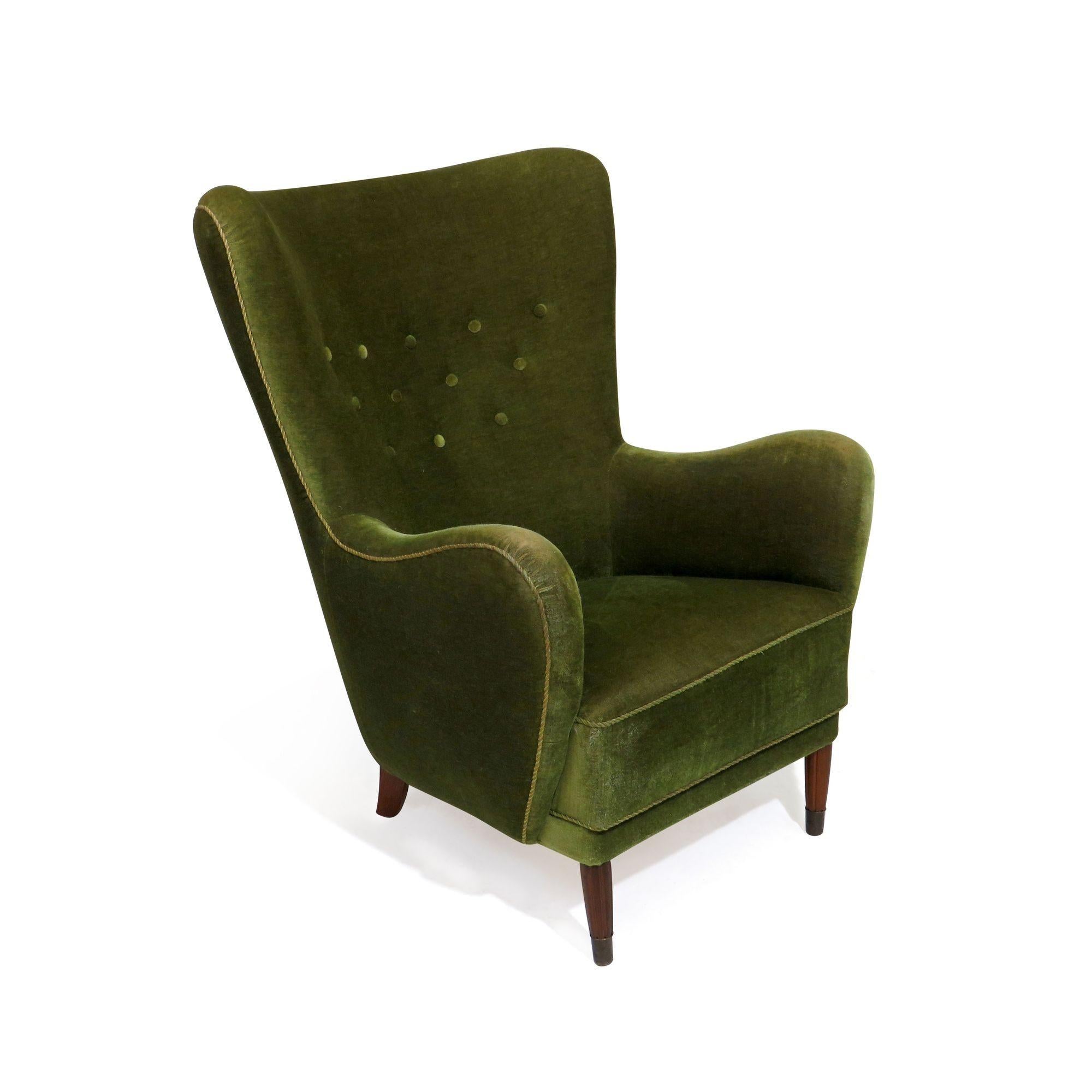 Danish Deco High-back Lounge Chair in Original Green Mohair 2