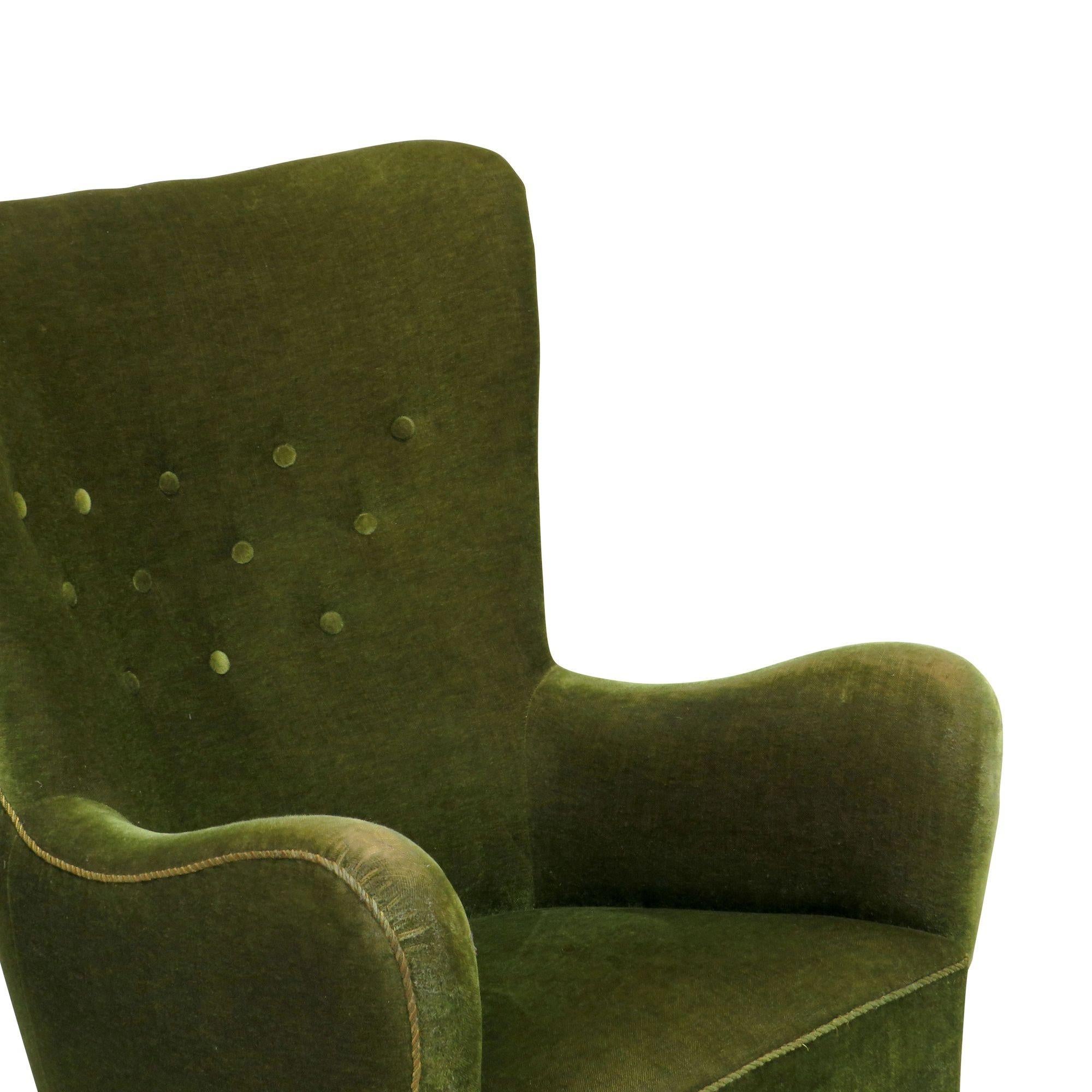 Danish Deco High-back Lounge Chair in Original Green Mohair 3