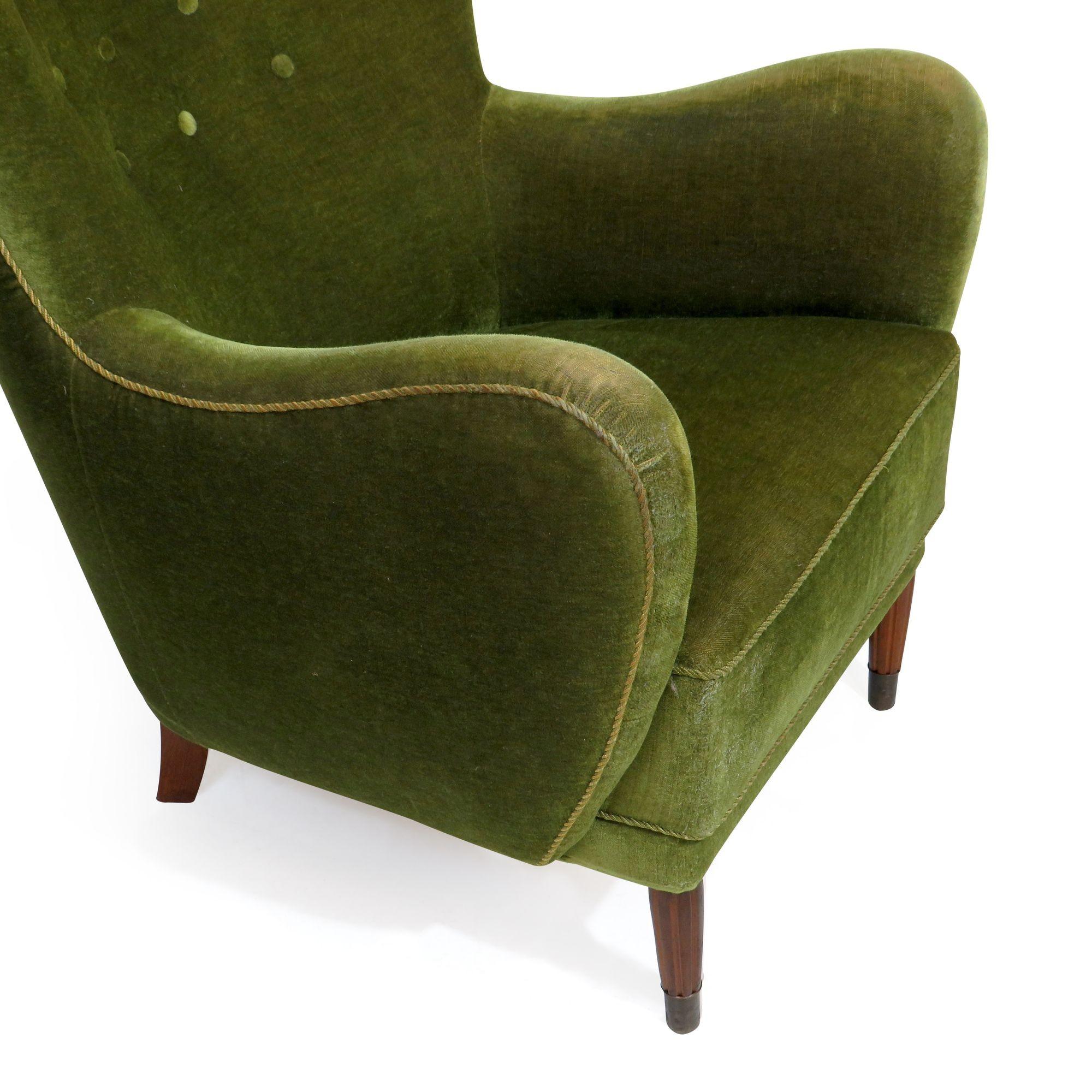 Danish Deco High-back Lounge Chair in Original Green Mohair 5