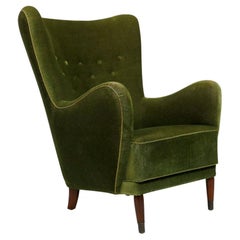 Danish Deco High-back Lounge Chair in Original Green Mohair