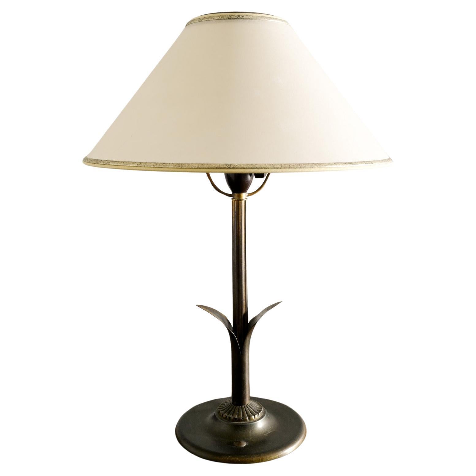 Danish Decorative Art Déco Table Lamp in Bronze with Original Shade, 1930s 