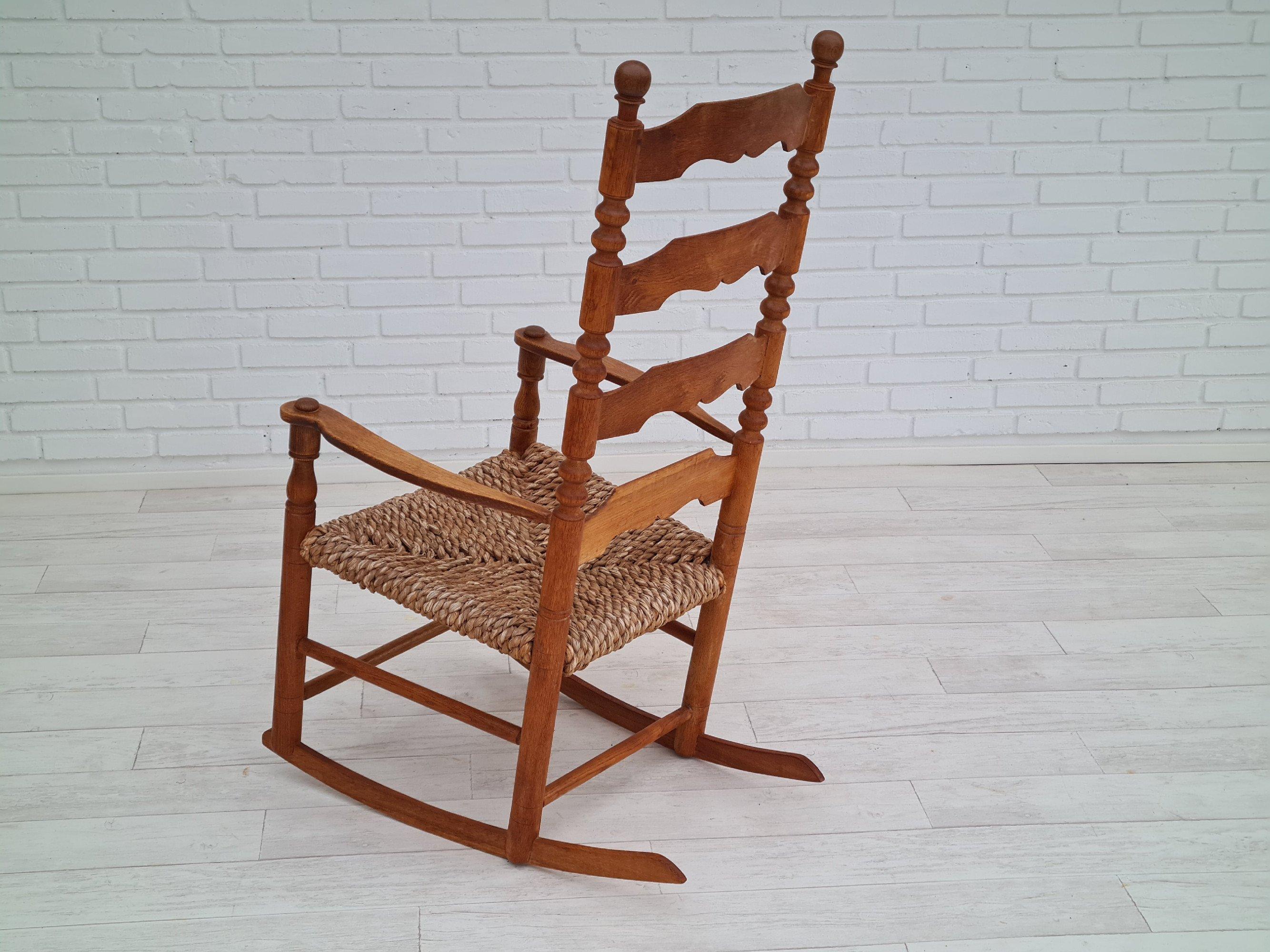 Straw Danish Design, 60s, Rockingchair, Oak Wood, Natural Fiber, Original Condition For Sale