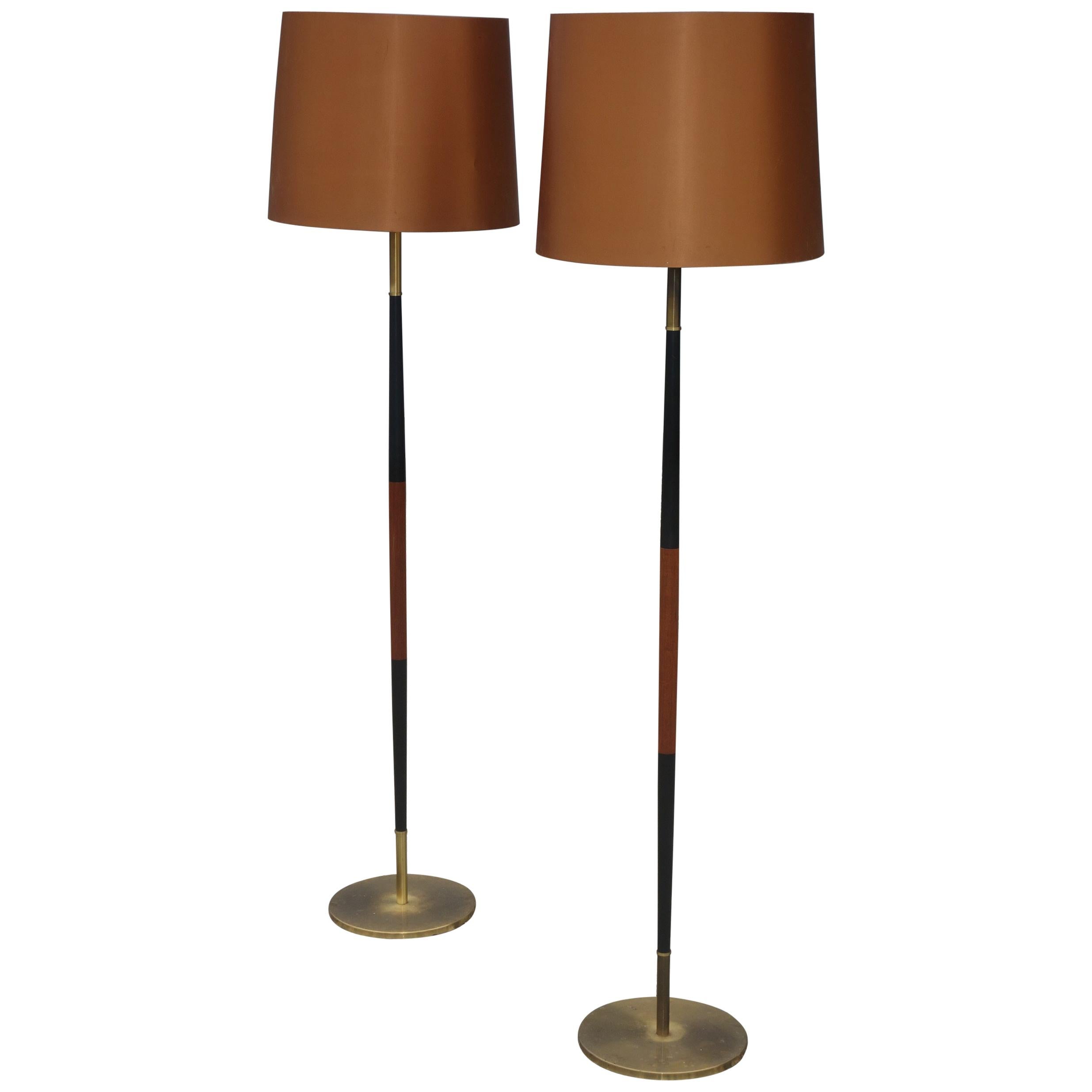 Danish Design a Pair of Floor Lamps, Brass, Teak and Black Lacquered Metal 1960 For Sale