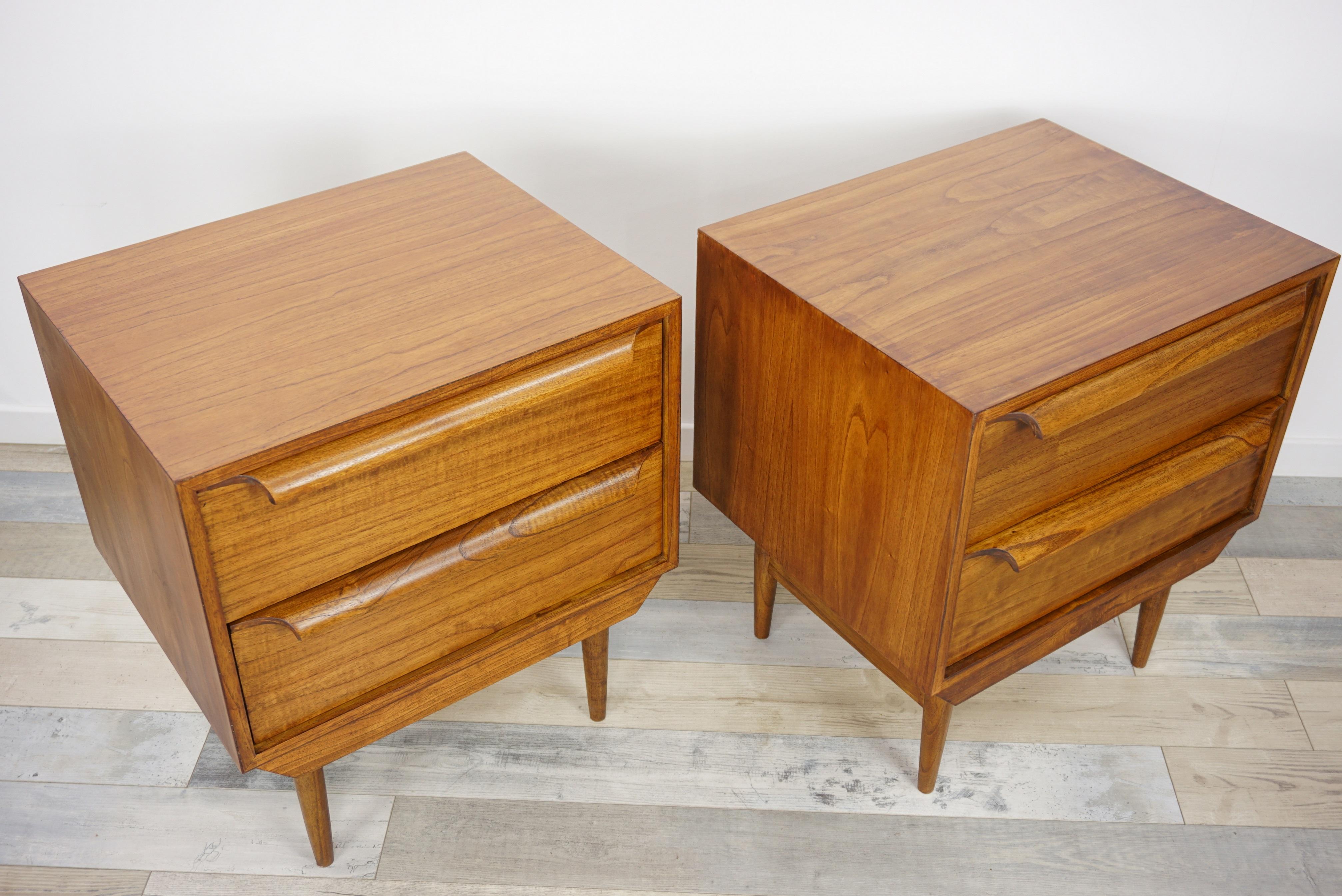 Mid-Century Modern Danish Design and Midcentury Style Pair of Large Wooden Bedside Tables For Sale