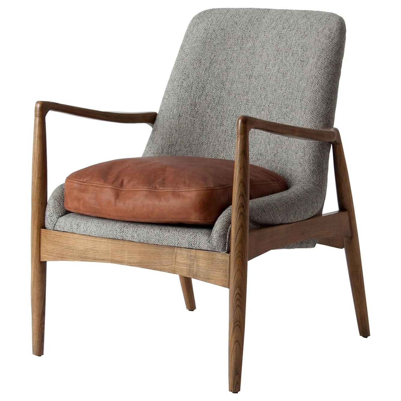 Danish Design and Midcentury Style Wooden Cognac Leather and Fabric Chair For Sale