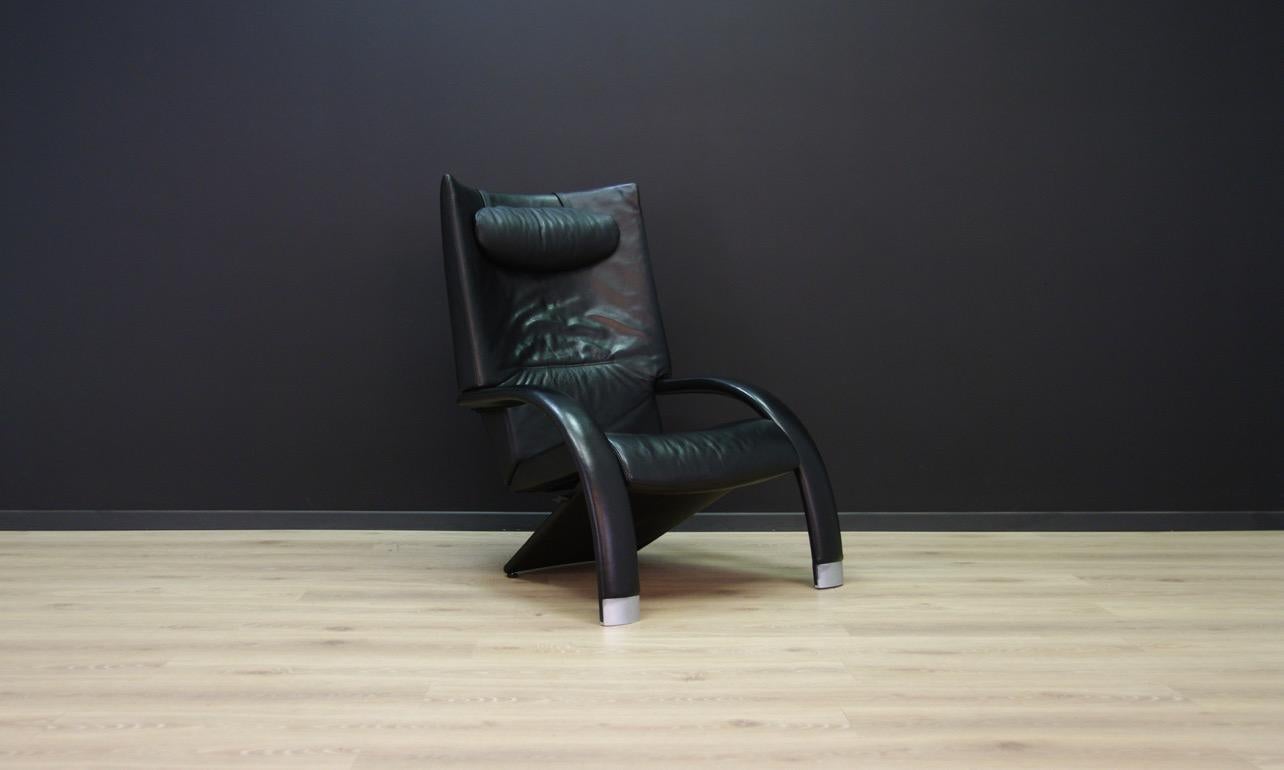 Unique armchair from the 1960s-1970s, a beautiful Minimalist form - Scandinavian design. Fantastic armrests. Armchair covered with original leather. Aluminum inserts. Preserved in good condition (minimal scratches on the skin) - directly for