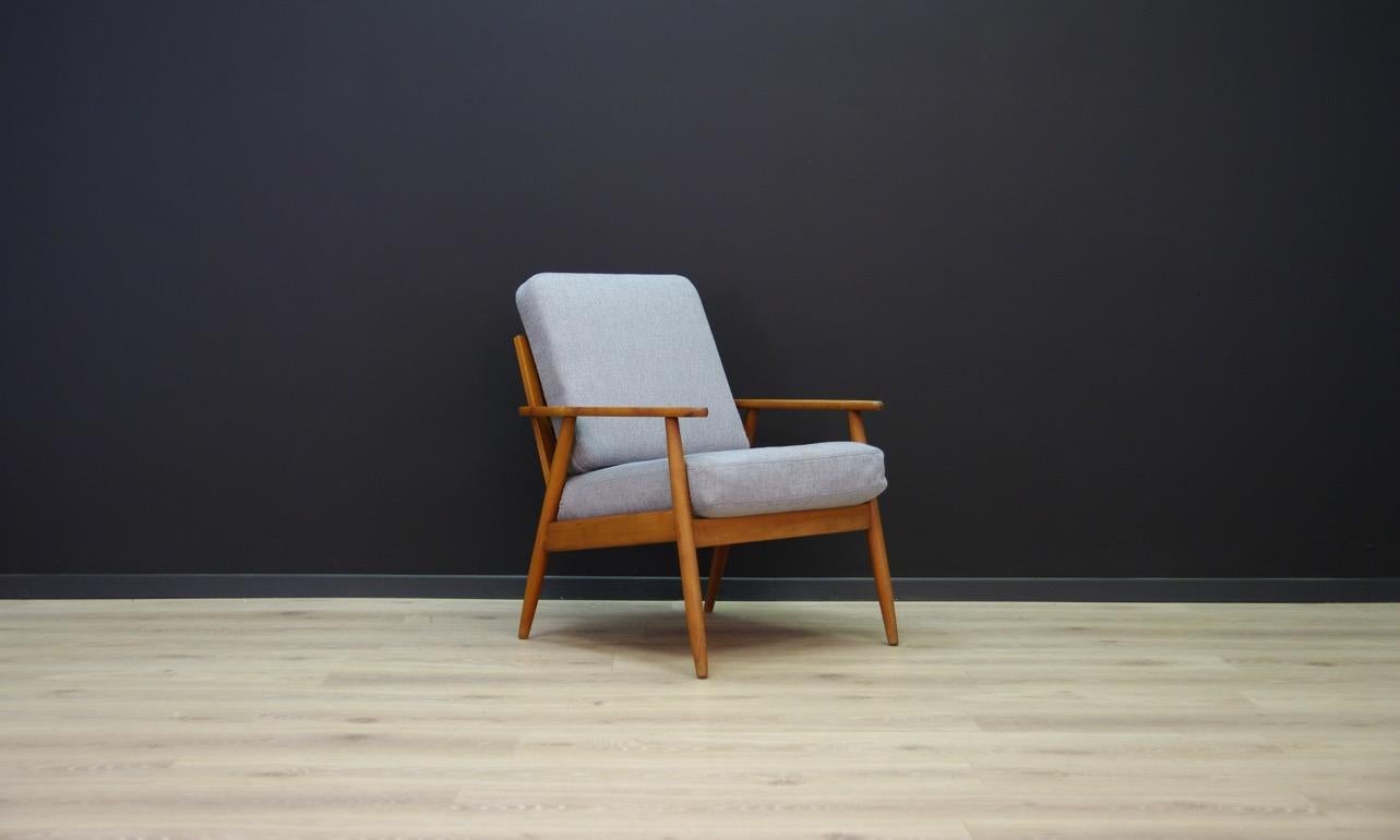 Unique armchair from the 1960s-1970s, beautiful Minimalist form - Scandinavian design. Teak construction, new upholstery (color - gray). Preserved in good condition (minor scratches and dings on a wooden structure) - directly for use.

Dimensions: