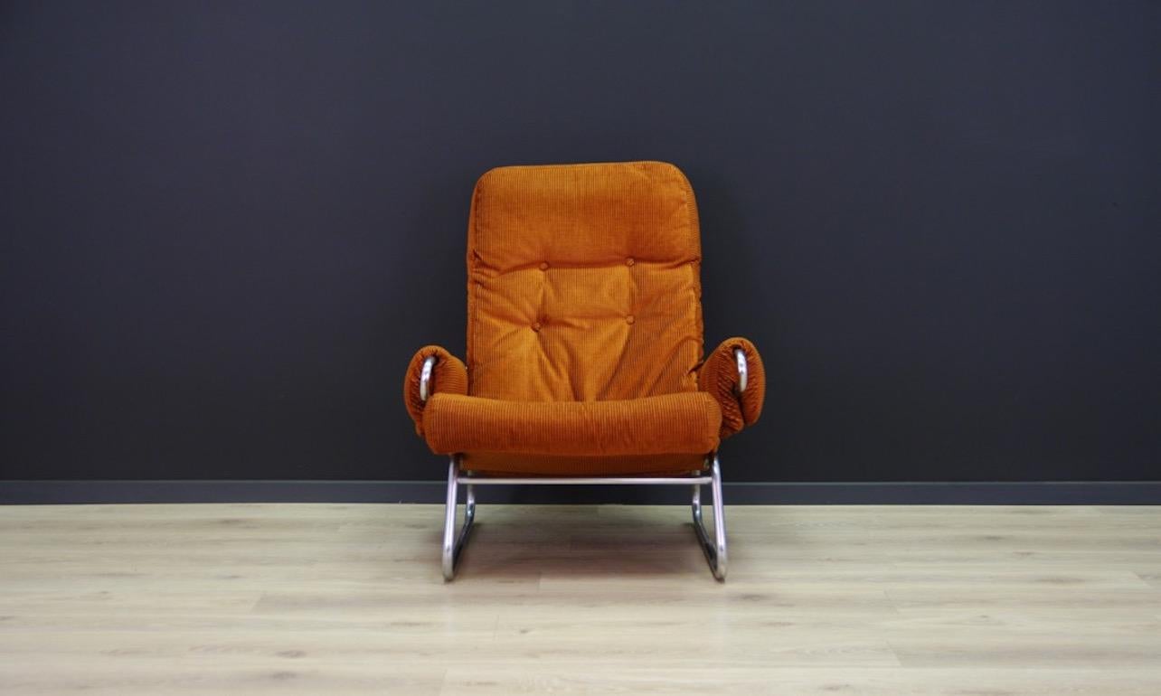 Retro armchairs from the 1960s-1970s, beautiful Minimalist form - Scandinavian design. Fantastic armrests. Original corduroy upholstery, construction in chromed steel. Preserved in good condition - directly for use.

Price for one