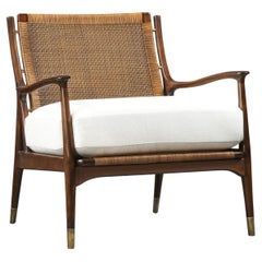 Danish design inspired wood Bans Chair with cane and upholstered cushions