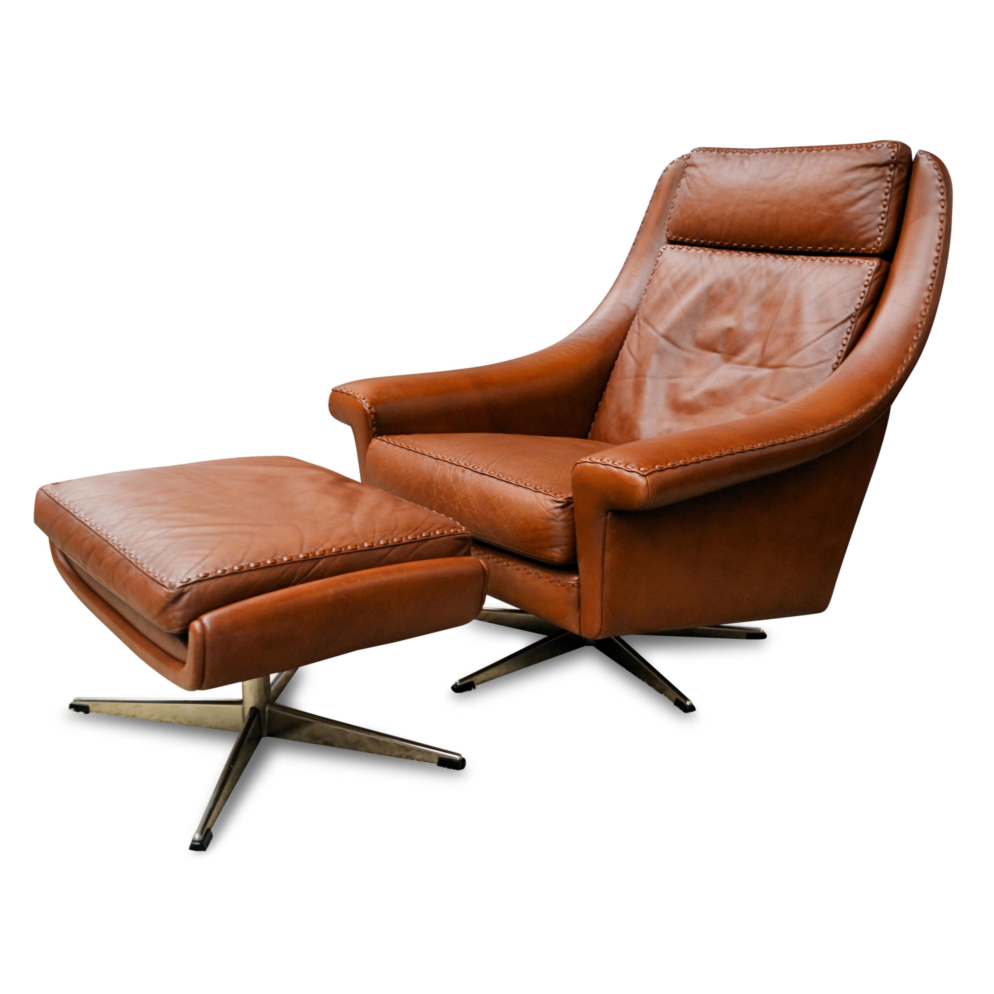 Danish Design Leather Swivel Chair and Ottoman by Aage Christiansen 2