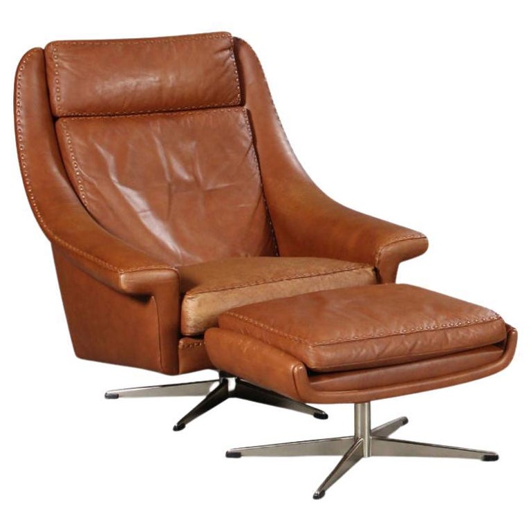 Danish Design Leather Swivel Chair and Ottoman by Aage Christiansen For ...