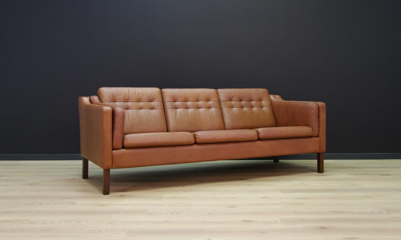 Fantastic sofa from the 1960s-1970s, Minimalist form - Scandinavian design. Original armrests, original leather upholstery (color - brown). Preserved in good condition (minor scratches and abrasions on the skin) - directly for use.

Dimensions: