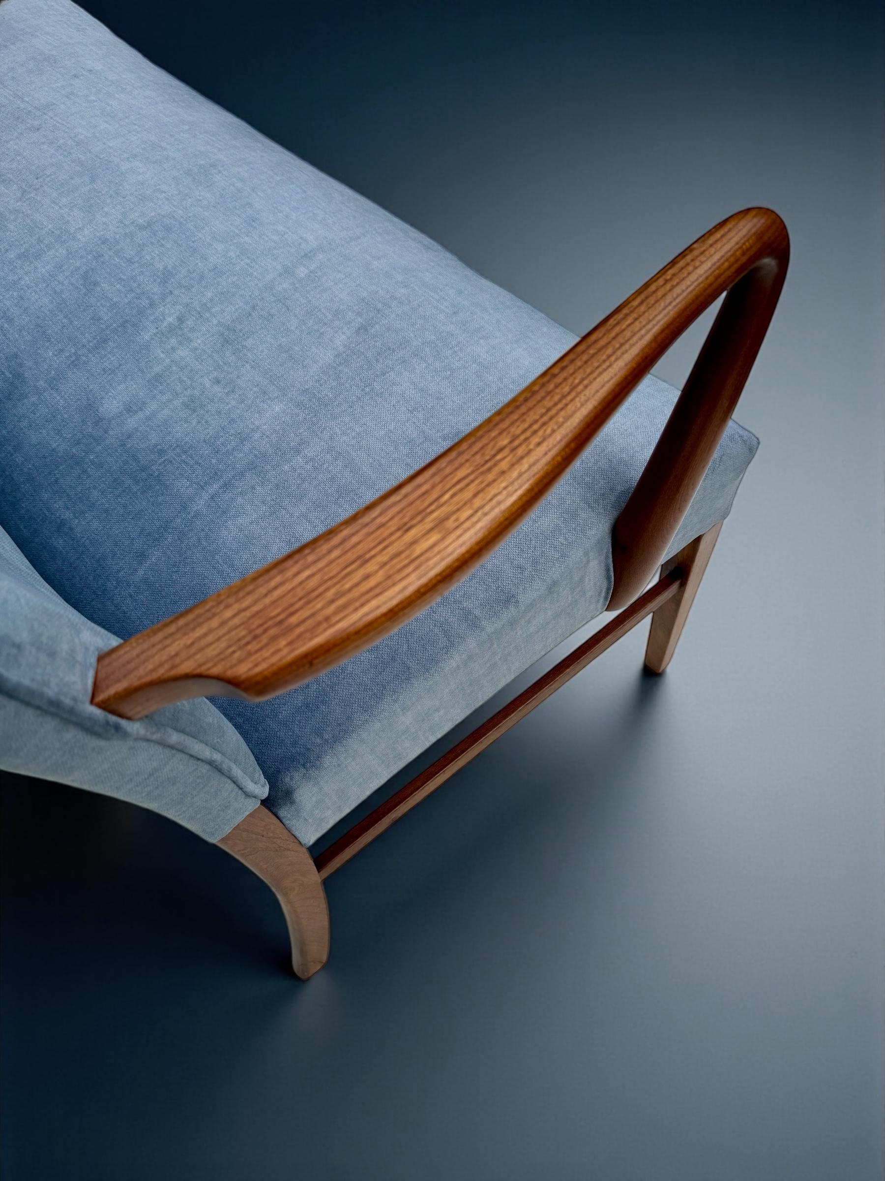 Danish Design Two Seater Settee in Walnut and Light Blue Velvet, 1960's Denmark For Sale 4