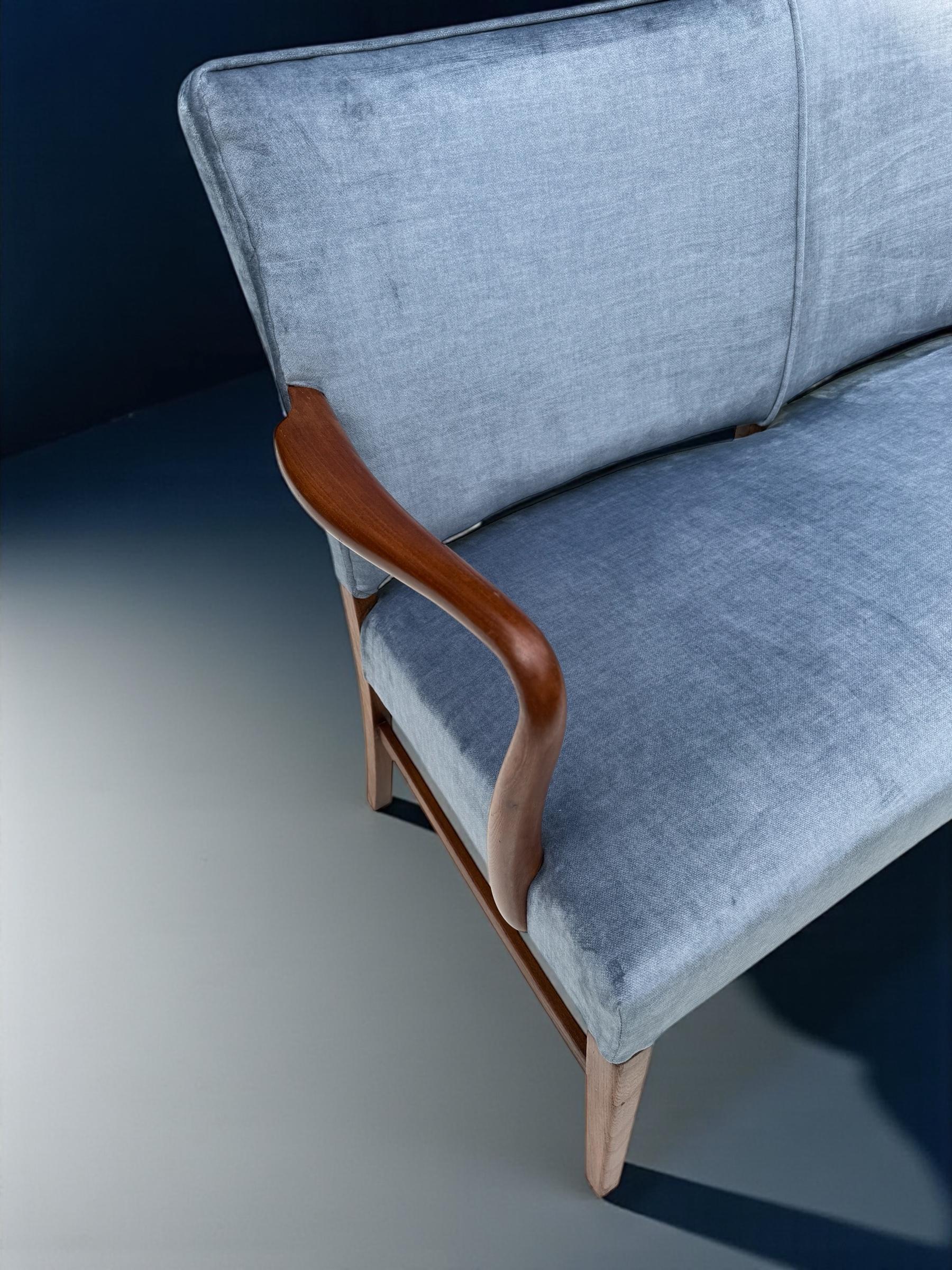 Danish Design Two Seater Settee in Walnut and Light Blue Velvet, 1960's Denmark For Sale 5
