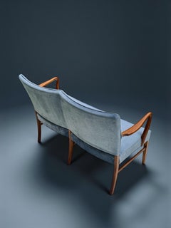 Danish Mid Century Two Seater Settee in Light Blue Velvet, 1960's Denmark