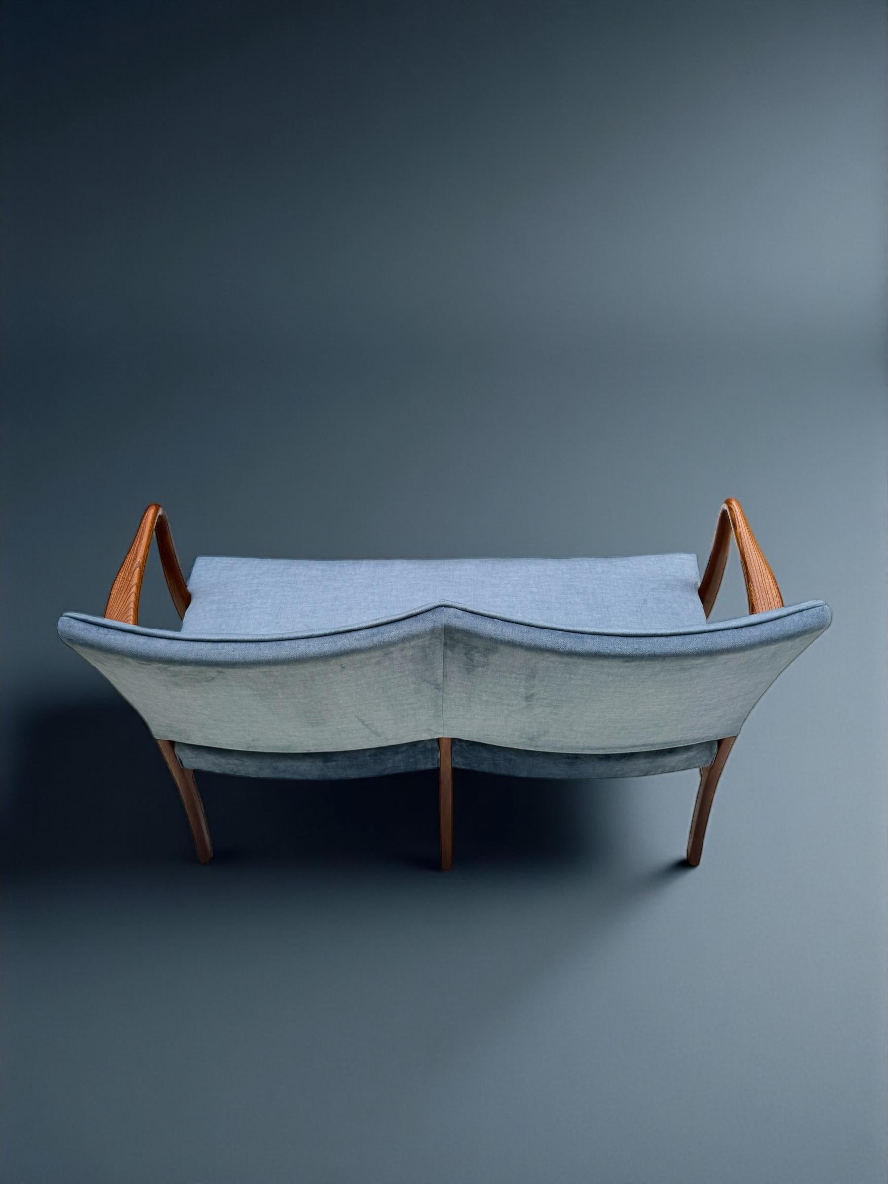 Mid-Century Modern Danish Design Two Seater Settee in Walnut and Light Blue Velvet, 1960's Denmark For Sale