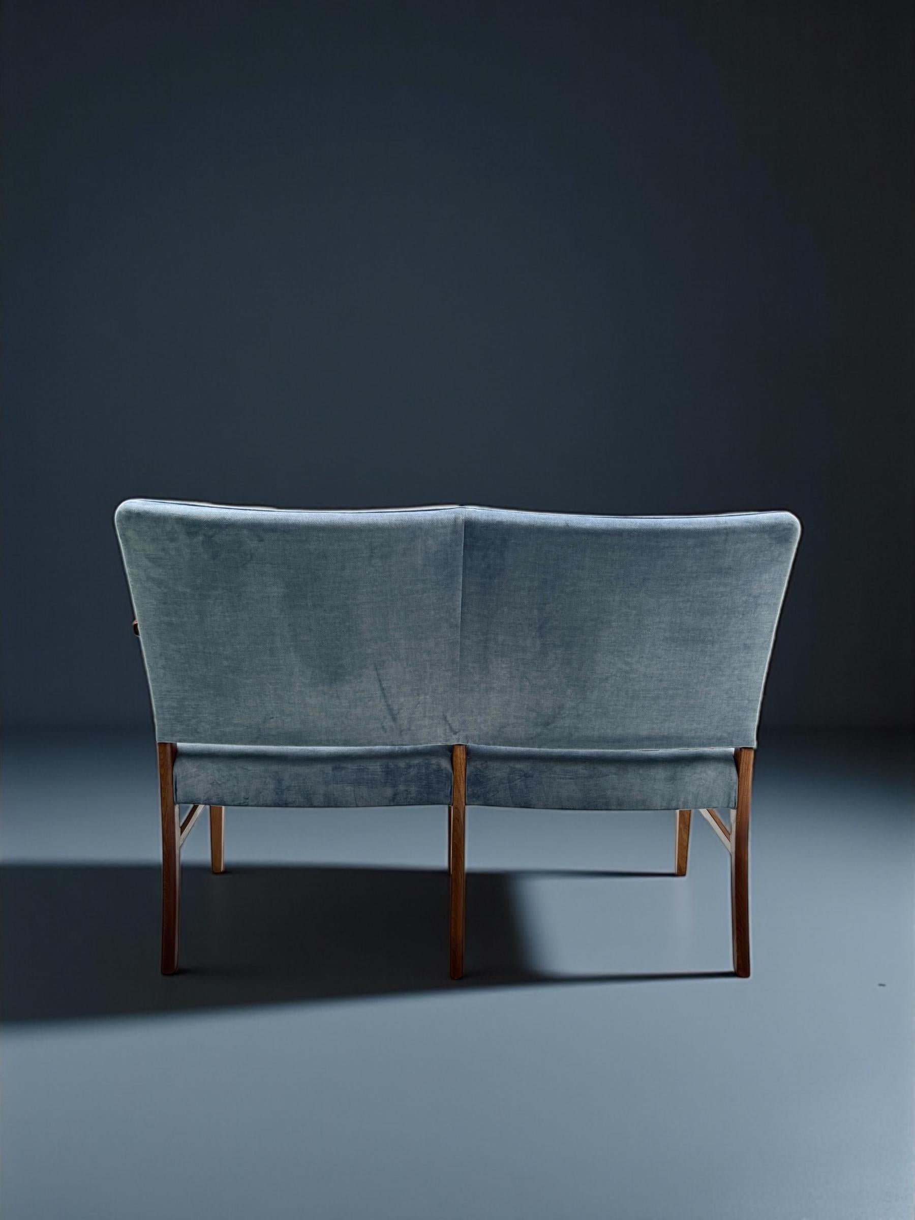 Hand-Crafted Danish Design Two Seater Settee in Walnut and Light Blue Velvet, 1960's Denmark For Sale