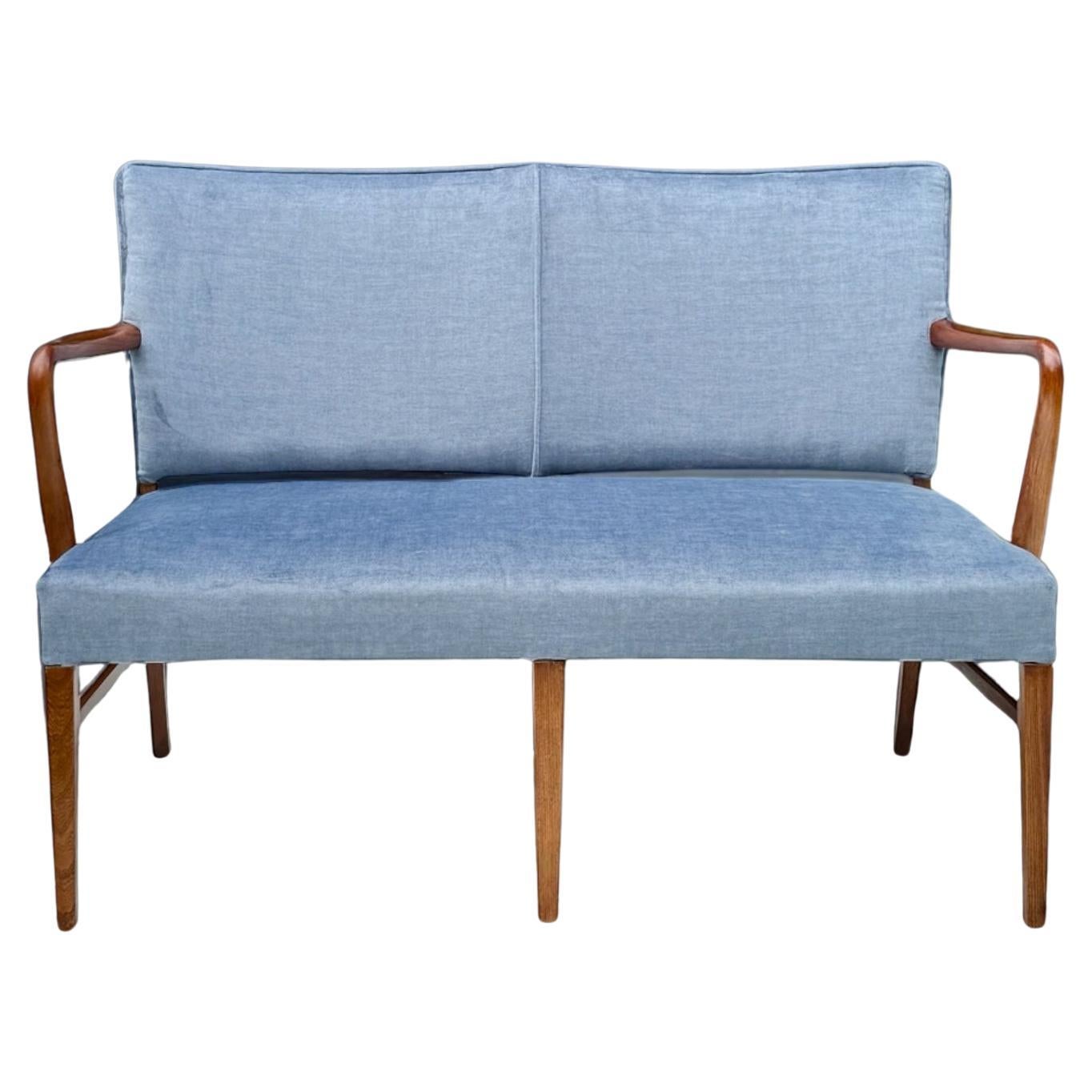 Danish Design Two Seater Settee in Walnut and Light Blue Velvet, 1960's Denmark For Sale