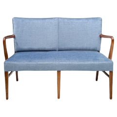 Danish Design Two Seater Settee in Walnut and Light Blue Velvet, 1960's Denmark