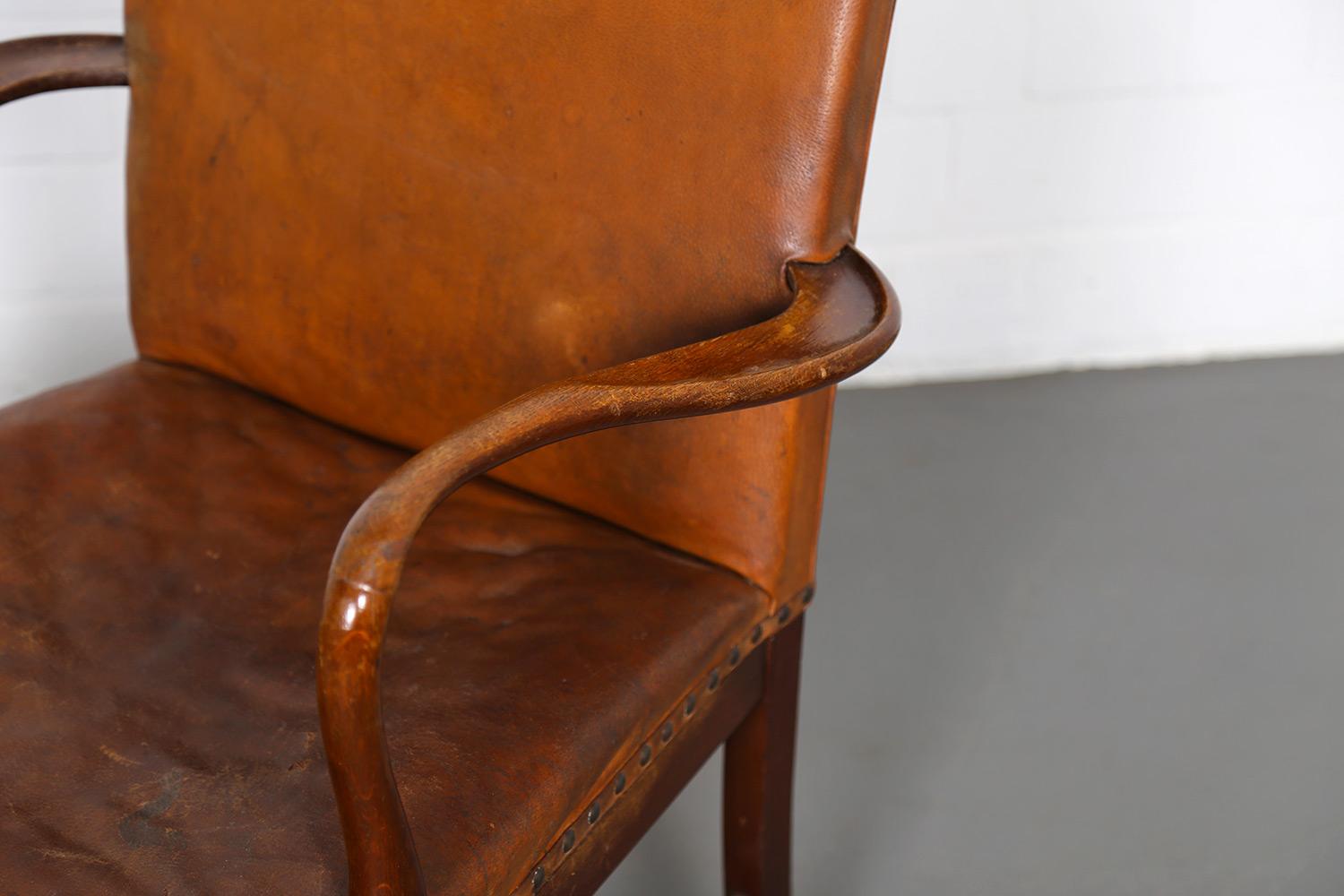 Mid-20th Century Danish Design Vintage Leather Armchair in the Manner of Frits Henningsen For Sale