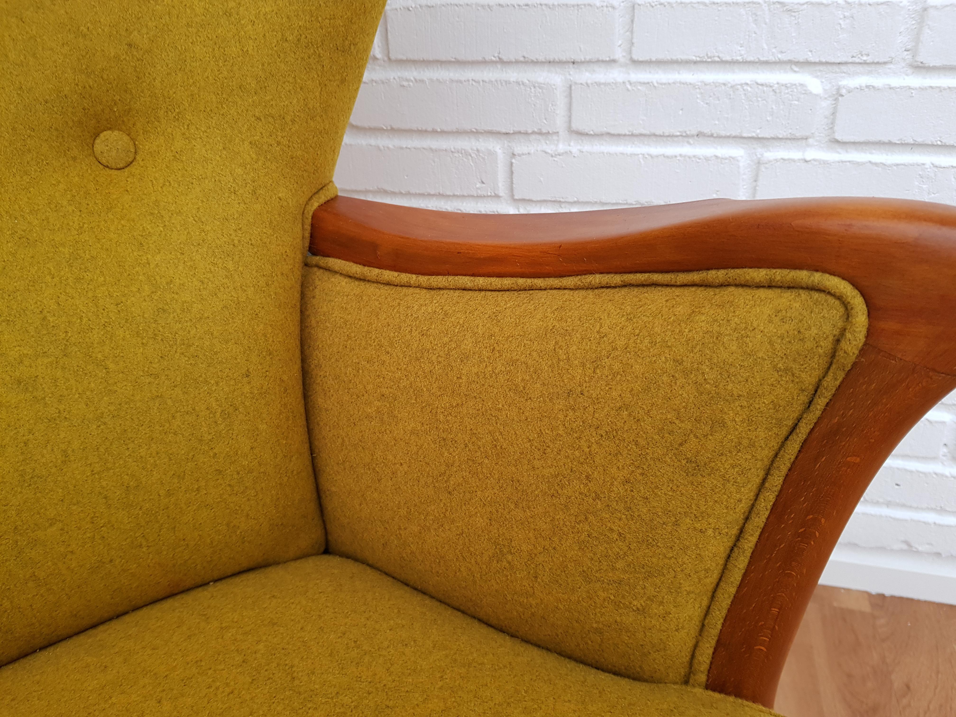 Stained Danish Lounge Chair, 1960s, Wool, Beech, Completely Restored