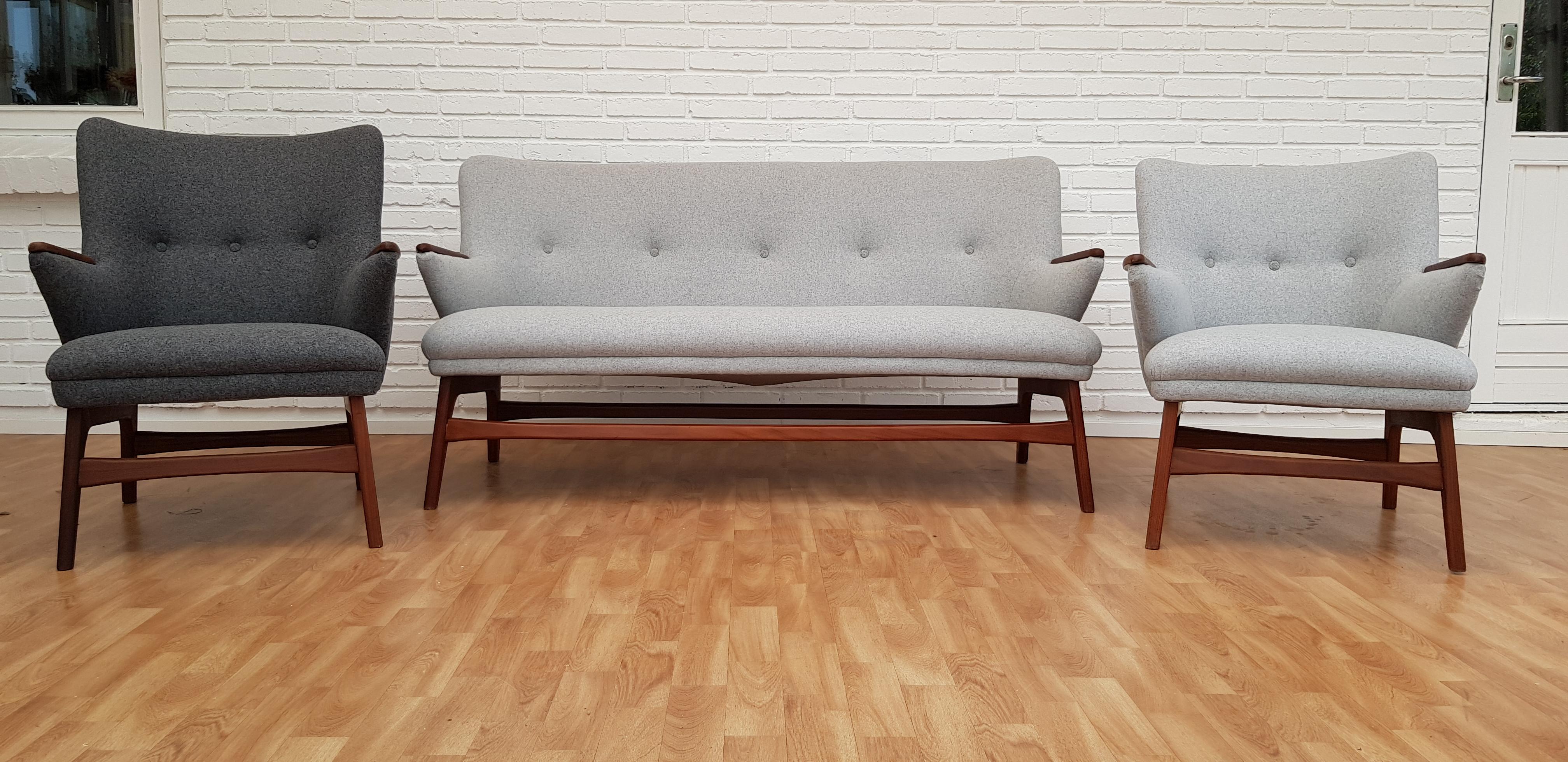 Danish Designed Sofa Set, Teak Wood, Wool, Completely Restored, 1960s 3