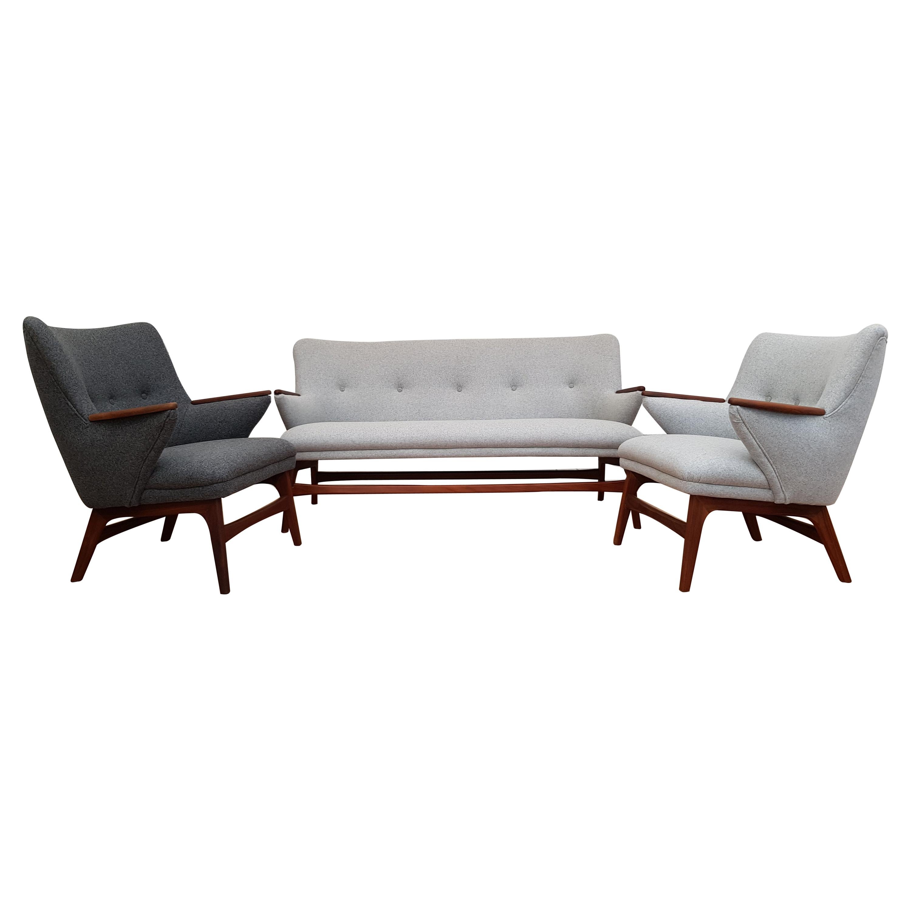 Danish Designed Sofa Set, Teak Wood, Wool, Completely Restored, 1960s