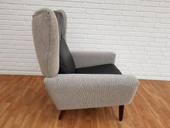 Danish Lounge Chair, 1970s, Wool, Leather, Completely Restored