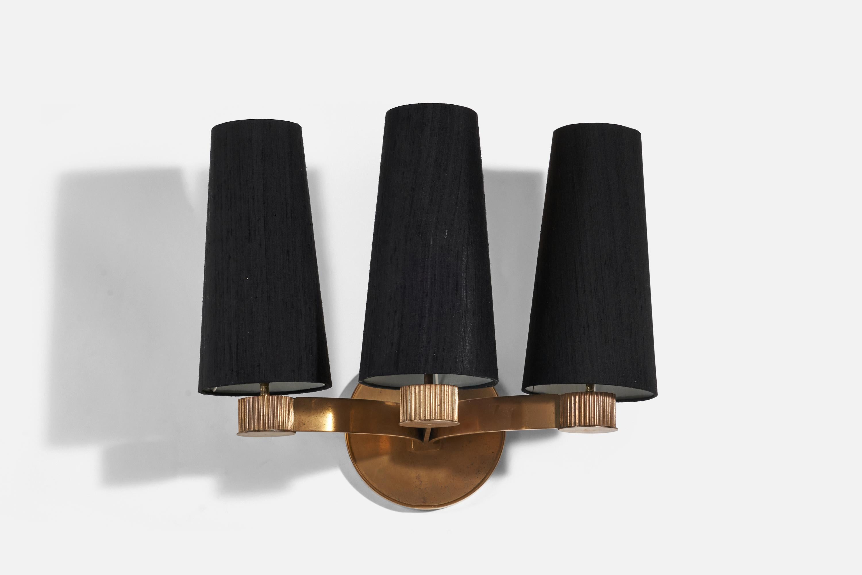 Scandinavian Modern Danish Designer, 3-Light Sconce, Brass, Black Fabric, Denmark, 1940s