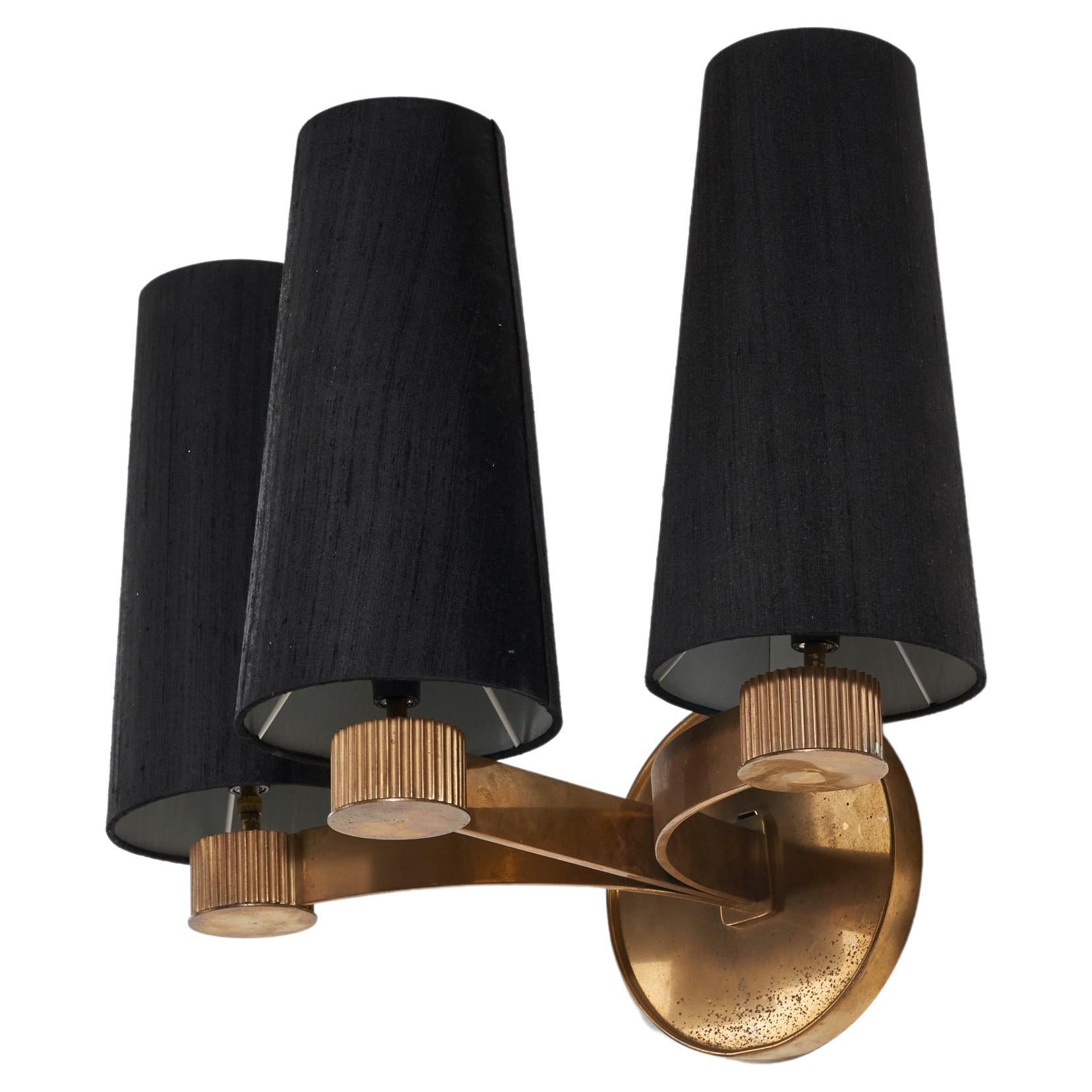 Danish Designer, 3-Light Sconce, Brass, Black Fabric, Denmark, 1940s