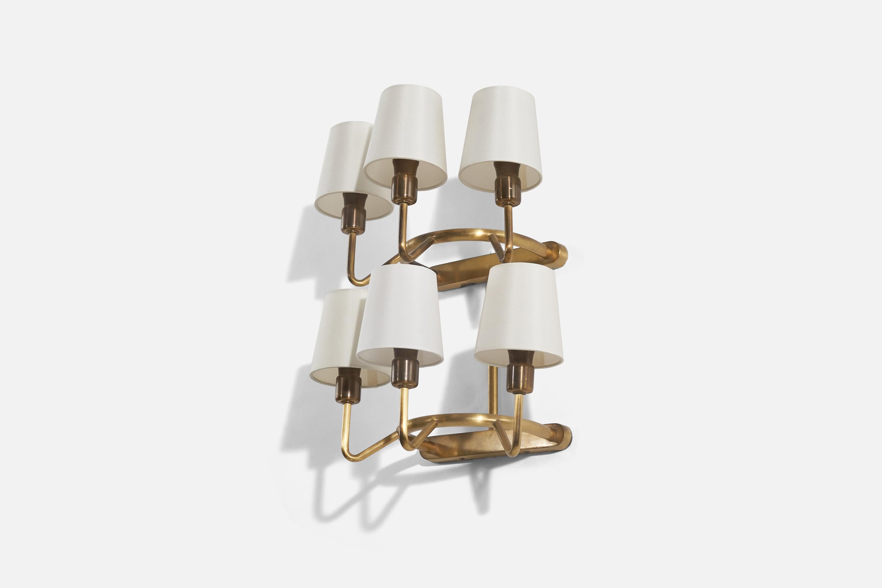 Danish Designer, 6-light Sconces, Brass, Fabric, Denmark, 1940s In Good Condition For Sale In High Point, NC