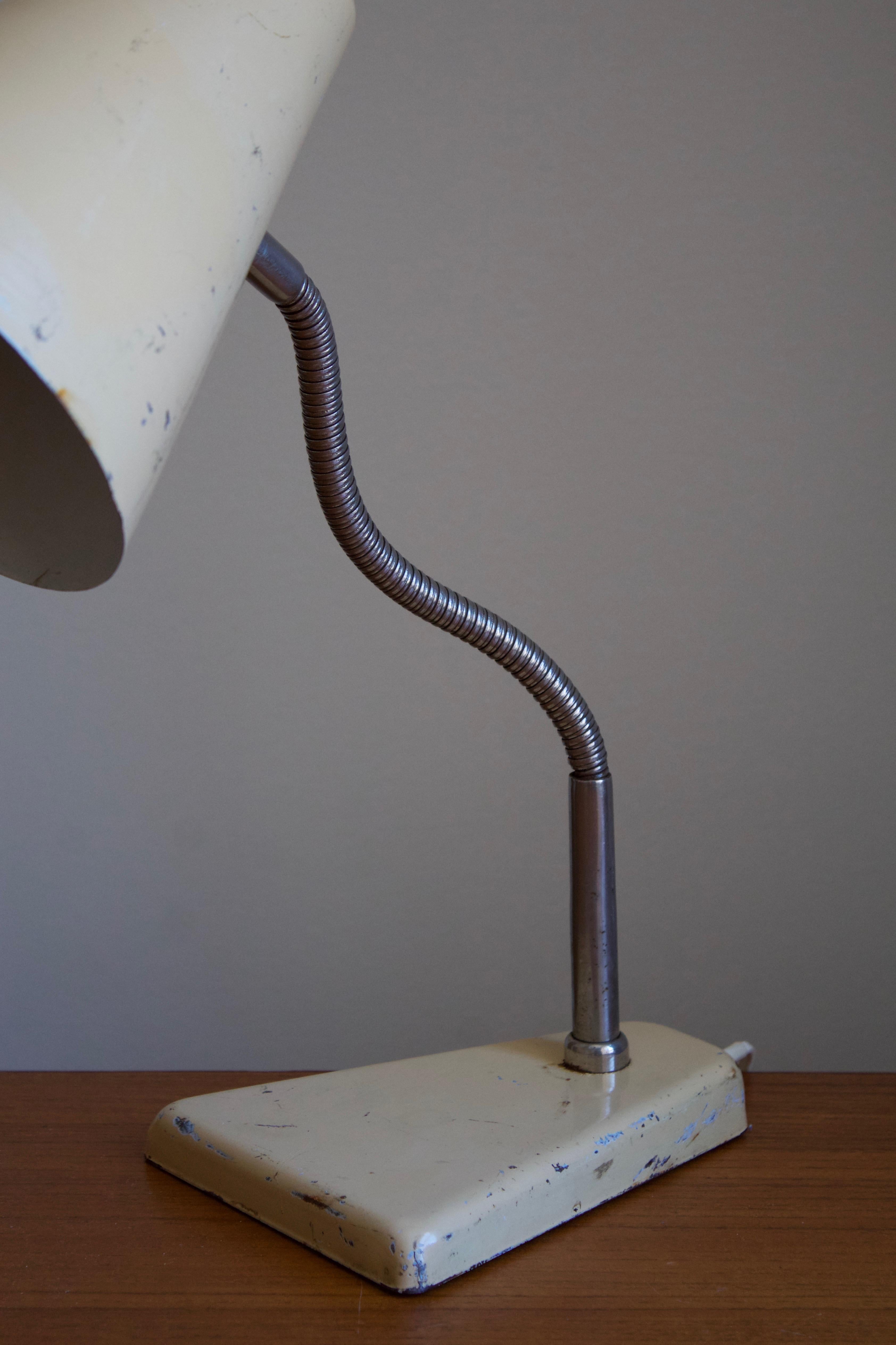 Scandinavian Modern Danish Designer, Adjustable Desk Light, Lacquered Metal, Brass, Denmark, c 1940s