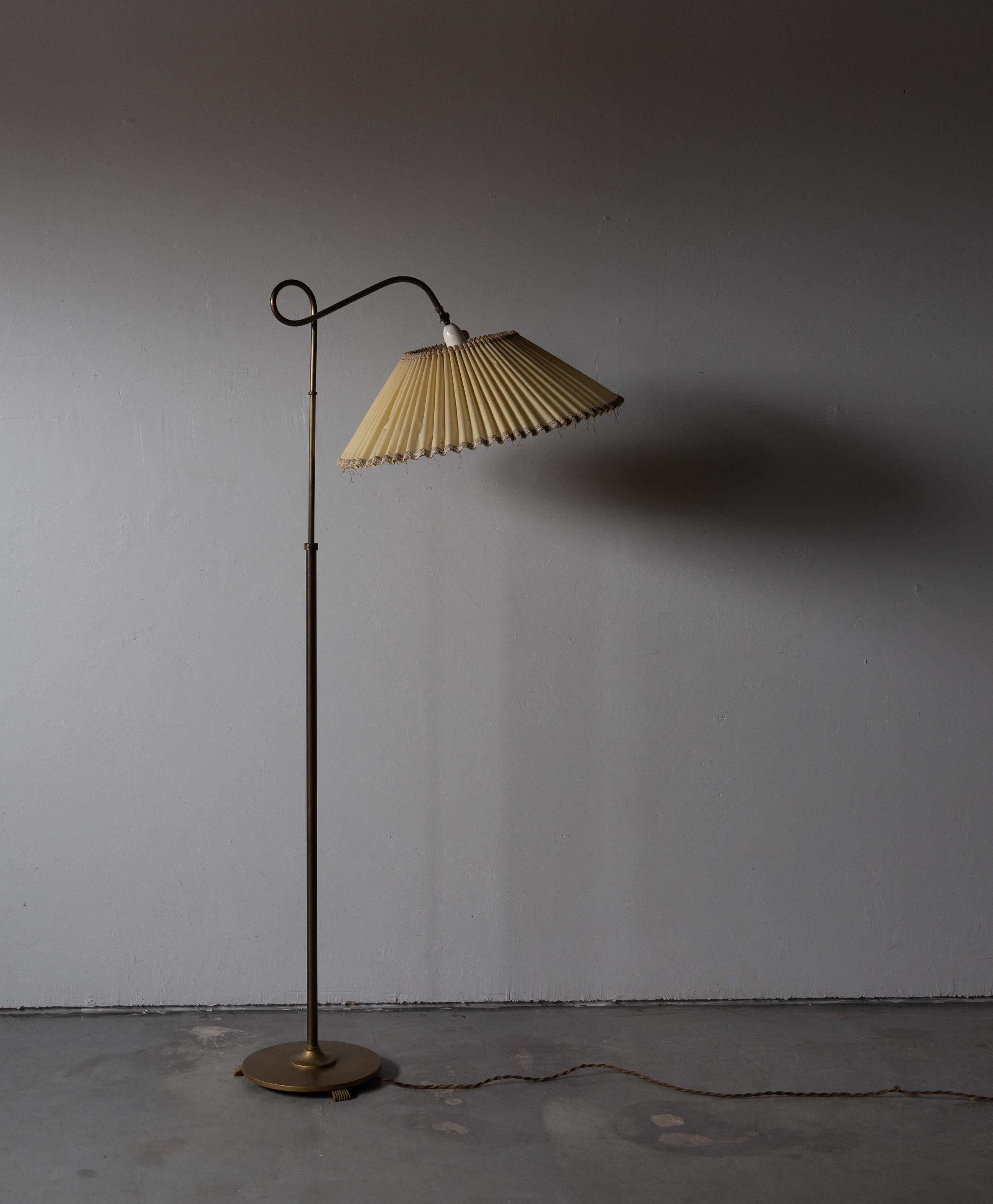 Scandinavian Modern Danish Designer, Adjustable Floor Lamp, Brass, Fabric, Denmark, 1940s