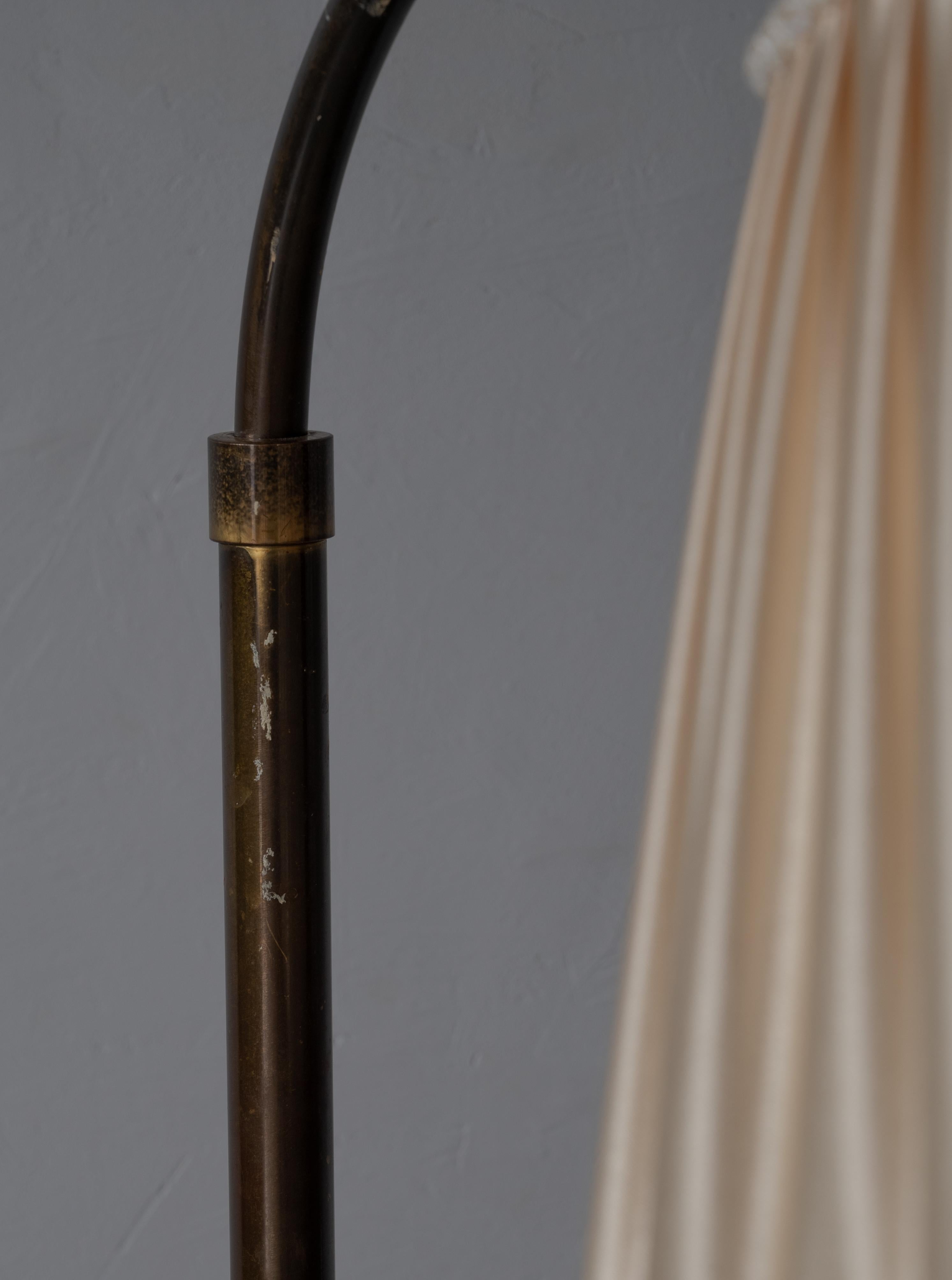 Danish Designer, Adjustable Floor Lamp, Brass, Fabric, Denmark, 1940s 1