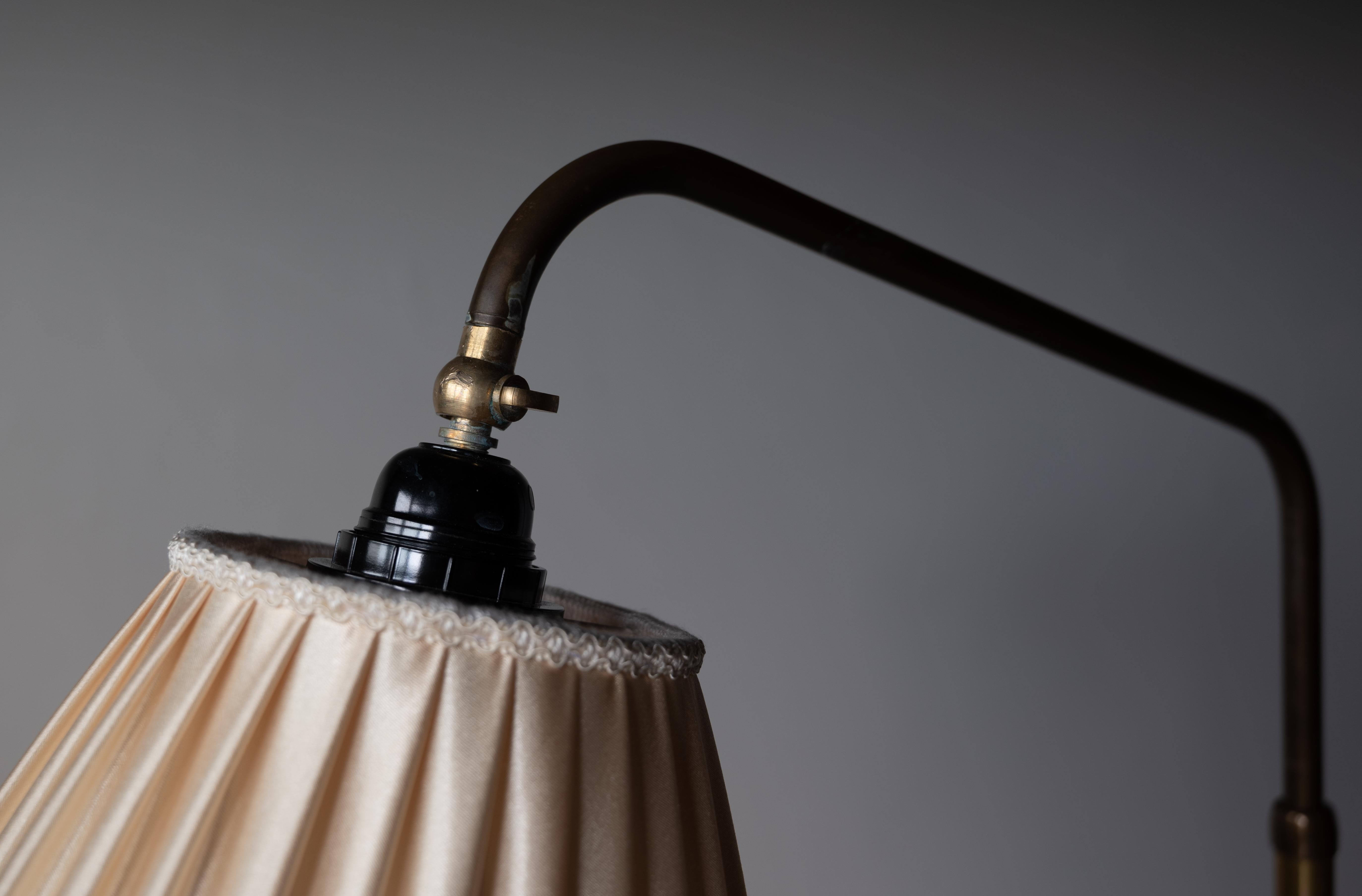 Danish Designer, Adjustable Floor Lamp, Brass, Fabric, Denmark, 1940s 1