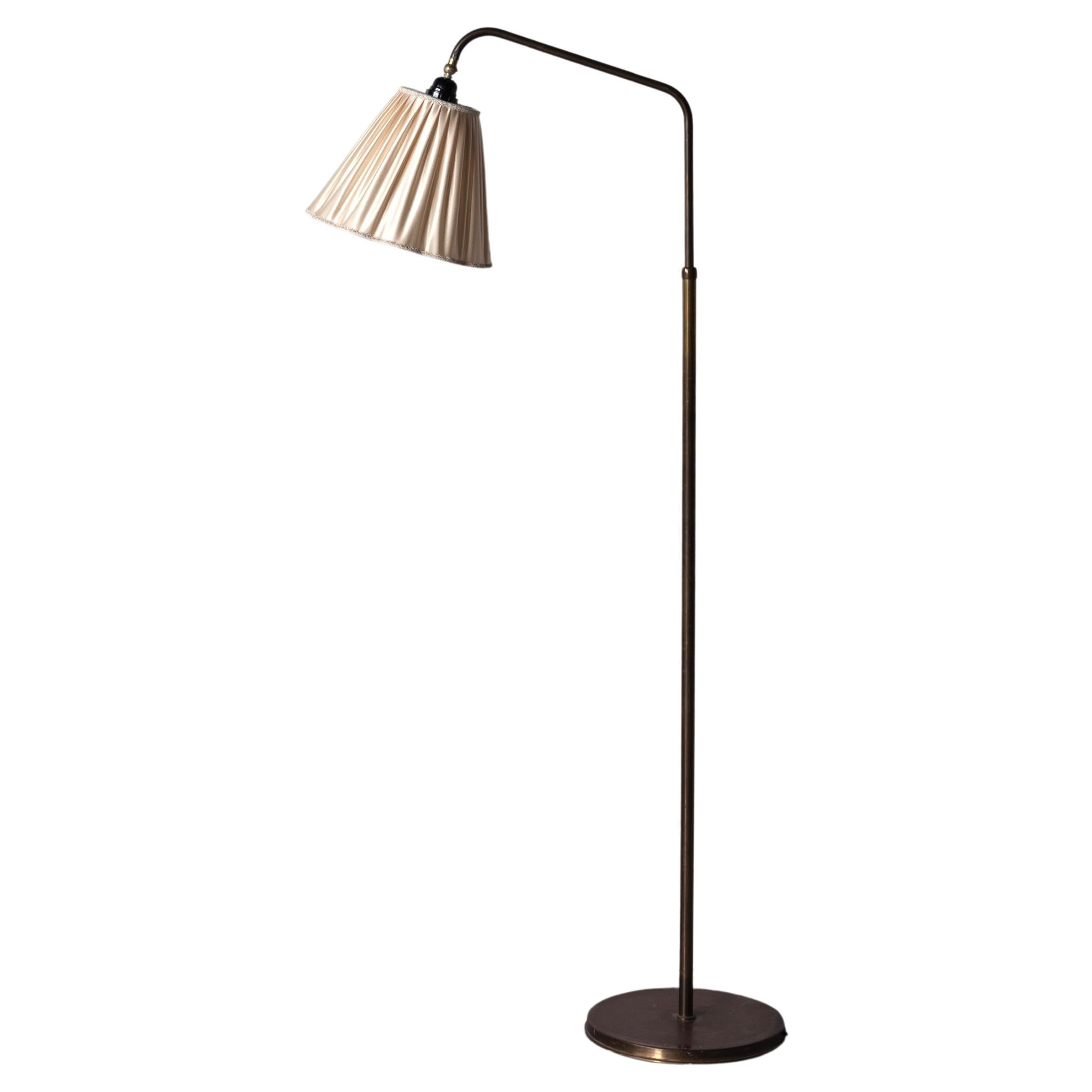 Danish Designer, Adjustable Floor Lamp, Brass, Fabric, Denmark, 1940s