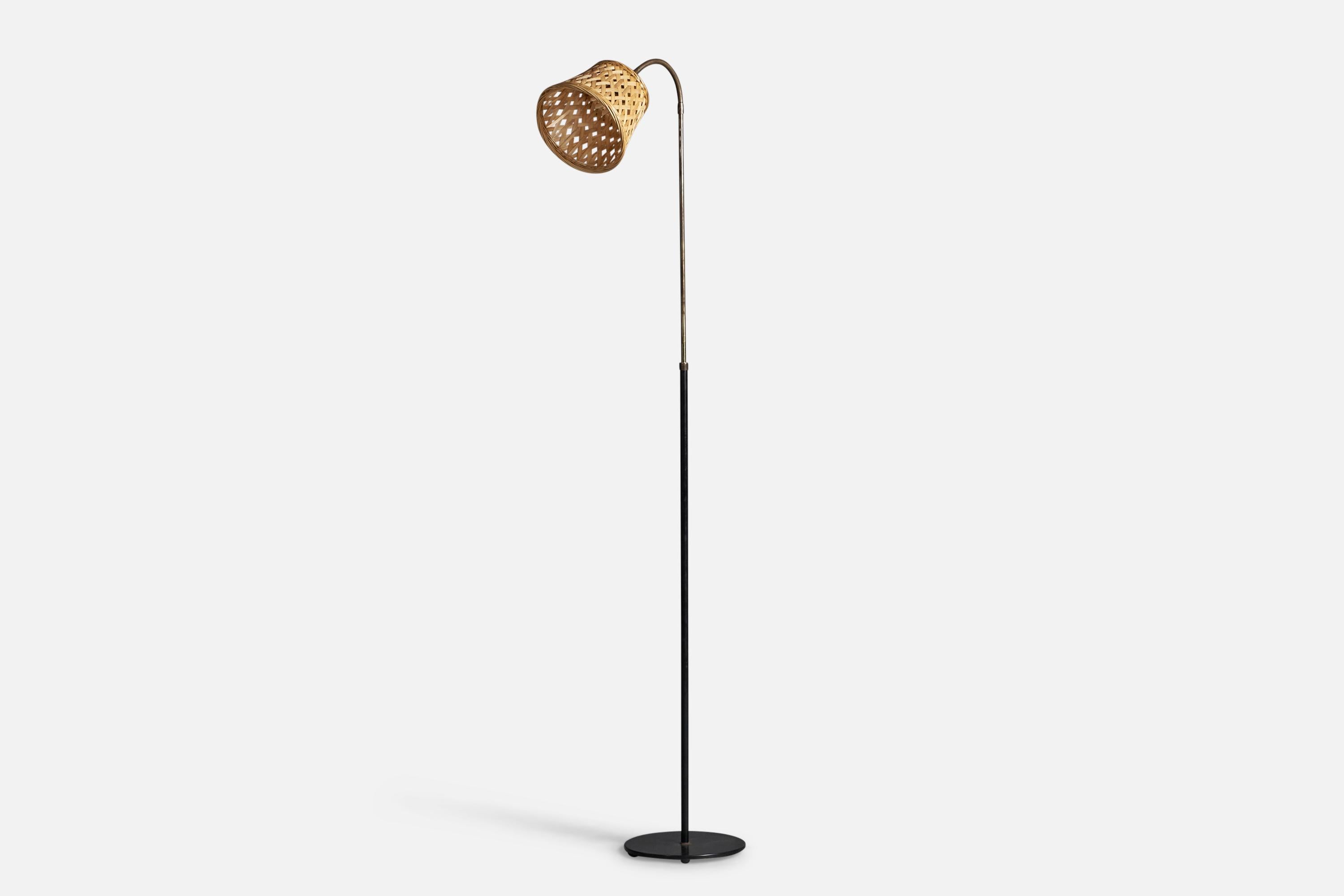 Mid-Century Modern Danish Designer, Adjustable Floor Lamp, Brass, Metal, Rattan, Denmark, 1950s