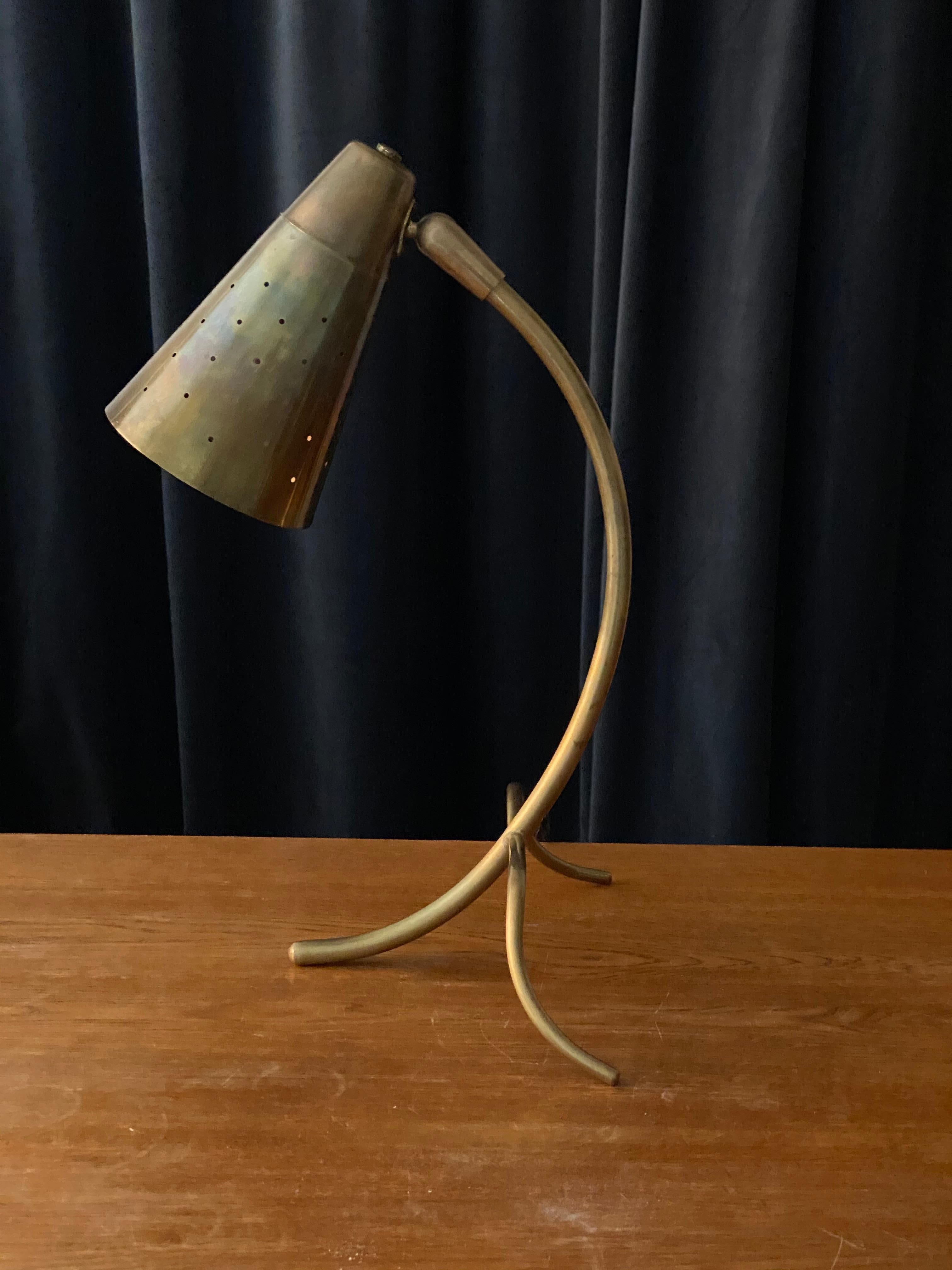 Swedish Danish Designer, Adjustable Modernist Table Lamp, Brass, Denmark, 1940s