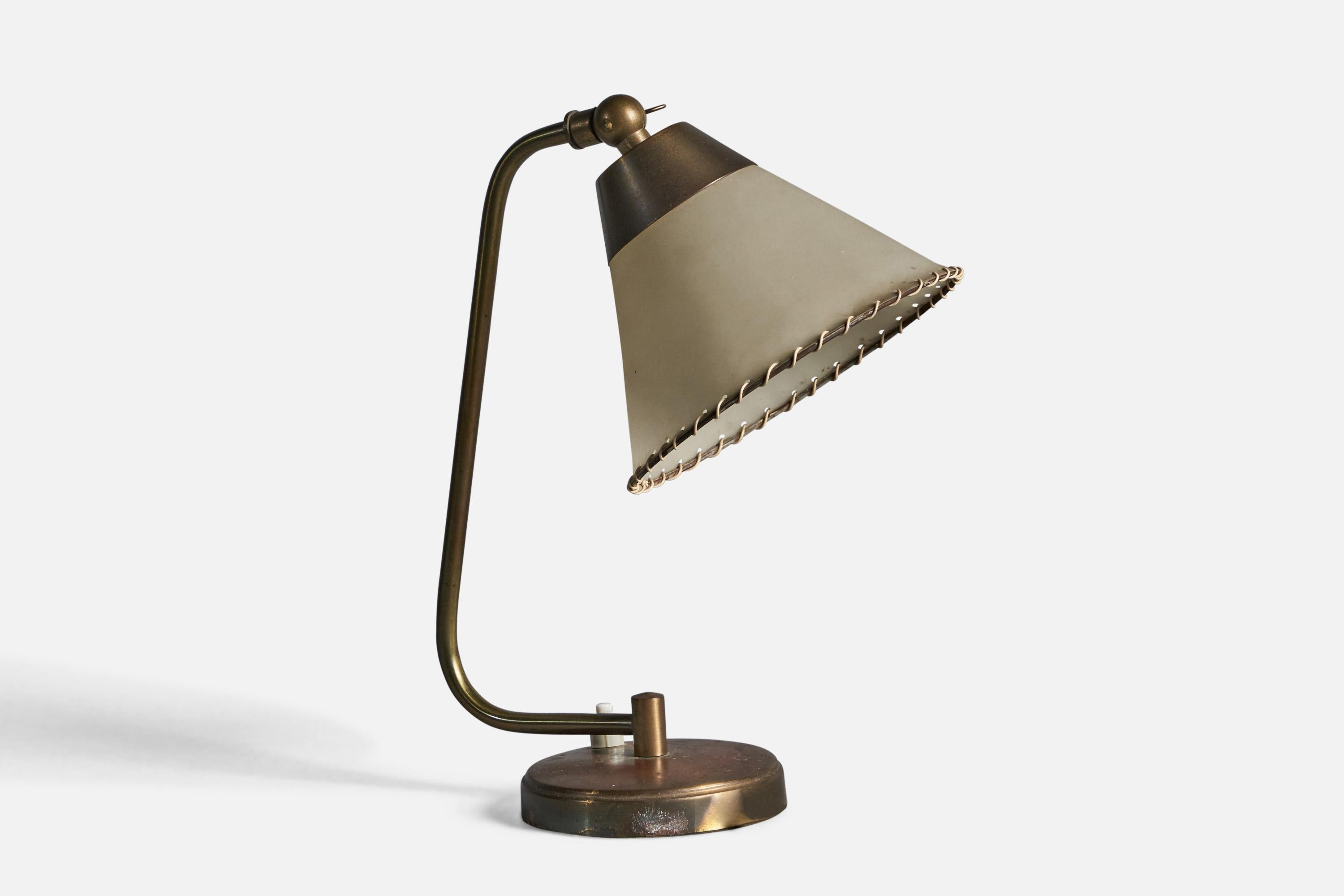 Scandinavian Modern Danish Designer, Adjustable Table Lamp, Brass, Parchment Paper, Denmark 1940s For Sale