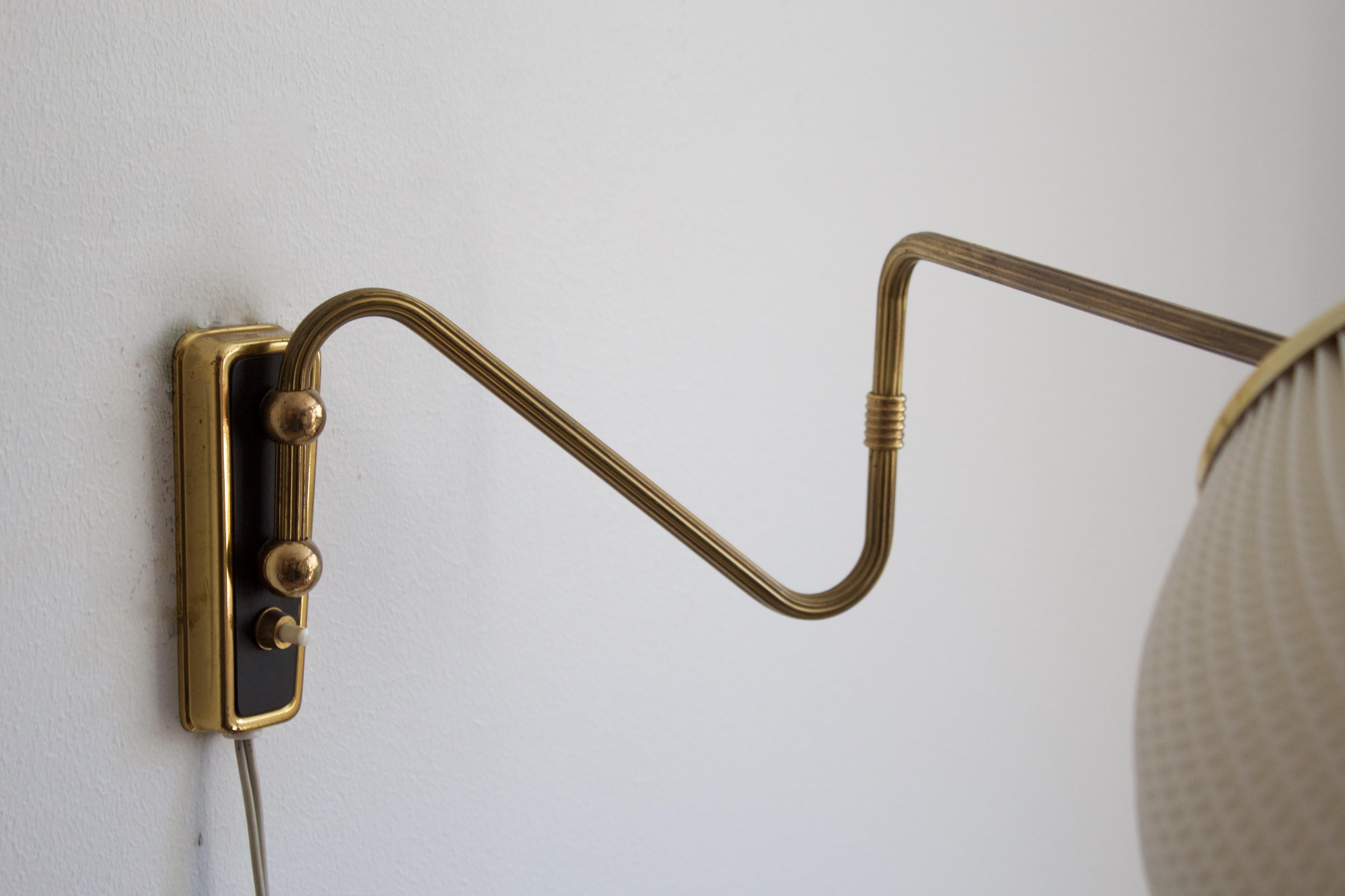 Scandinavian Modern Danish Designer, Adjustable Wall Light, Brass, Acrylic, Denmark, 1950s