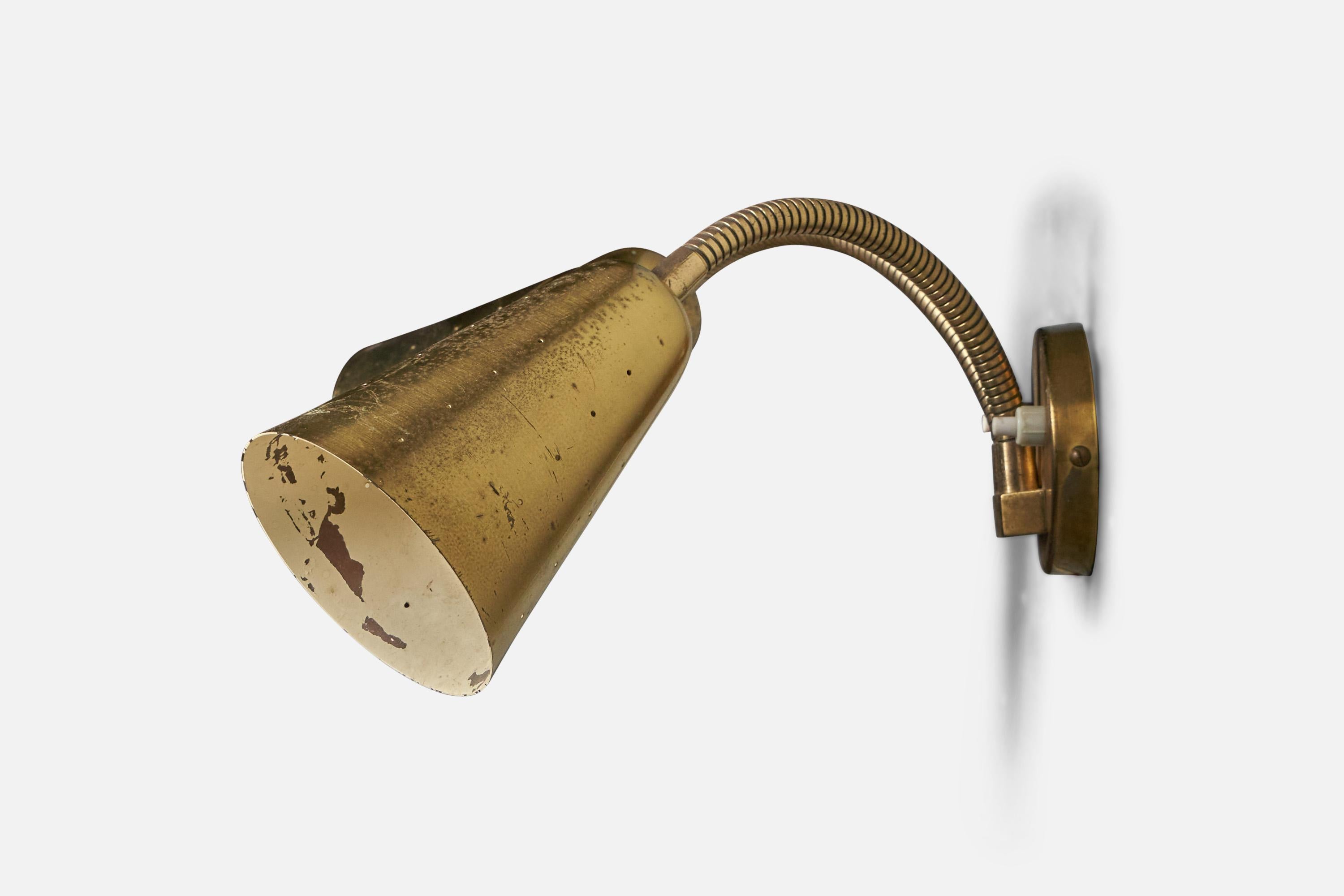 Mid-20th Century Danish Designer, Adjustable Wall Light, Brass, Denmark, 1940s For Sale