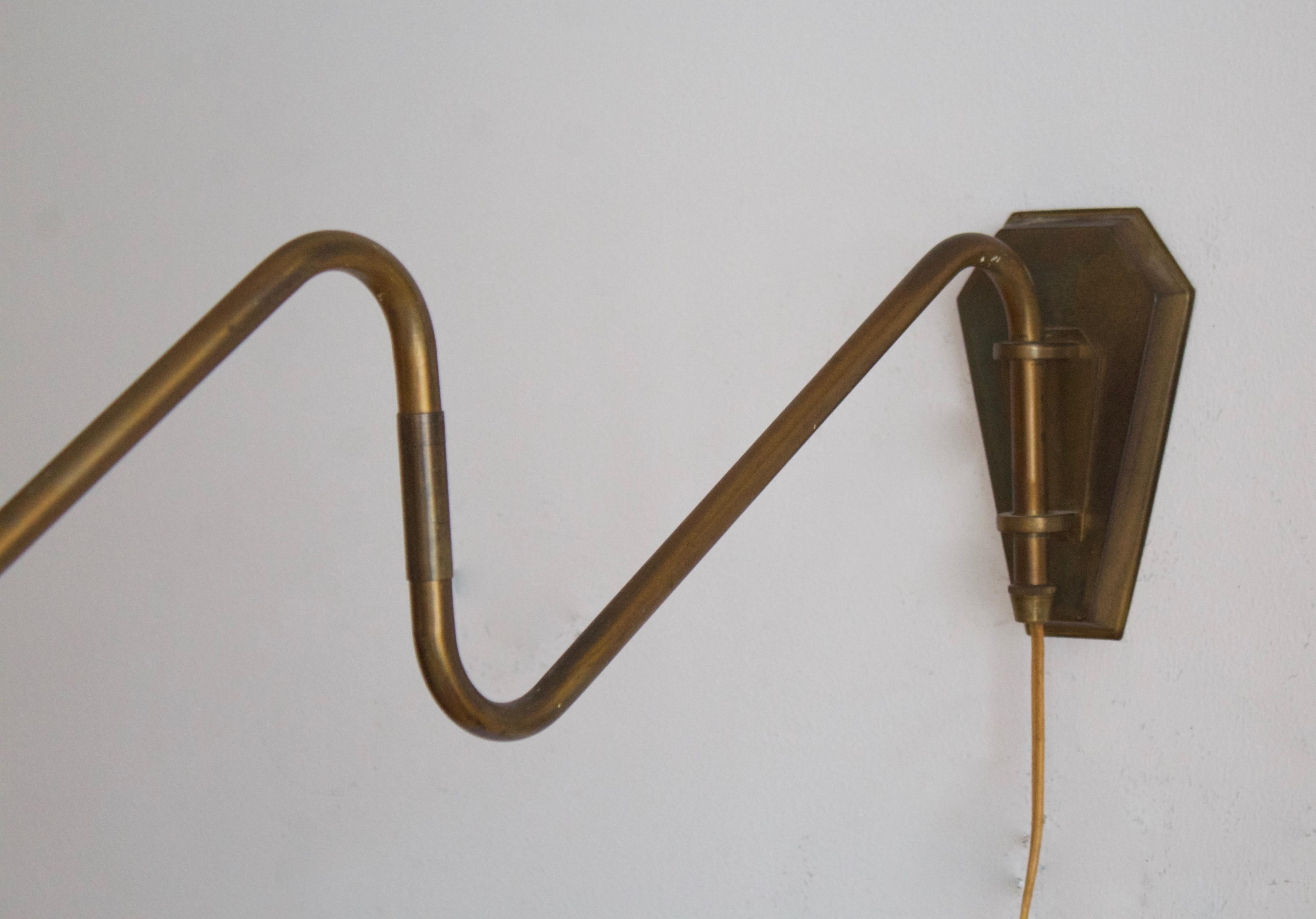 Danish Designer, Adjustable Wall Light, Brass, Fabric, Denmark, 1940s In Good Condition In High Point, NC