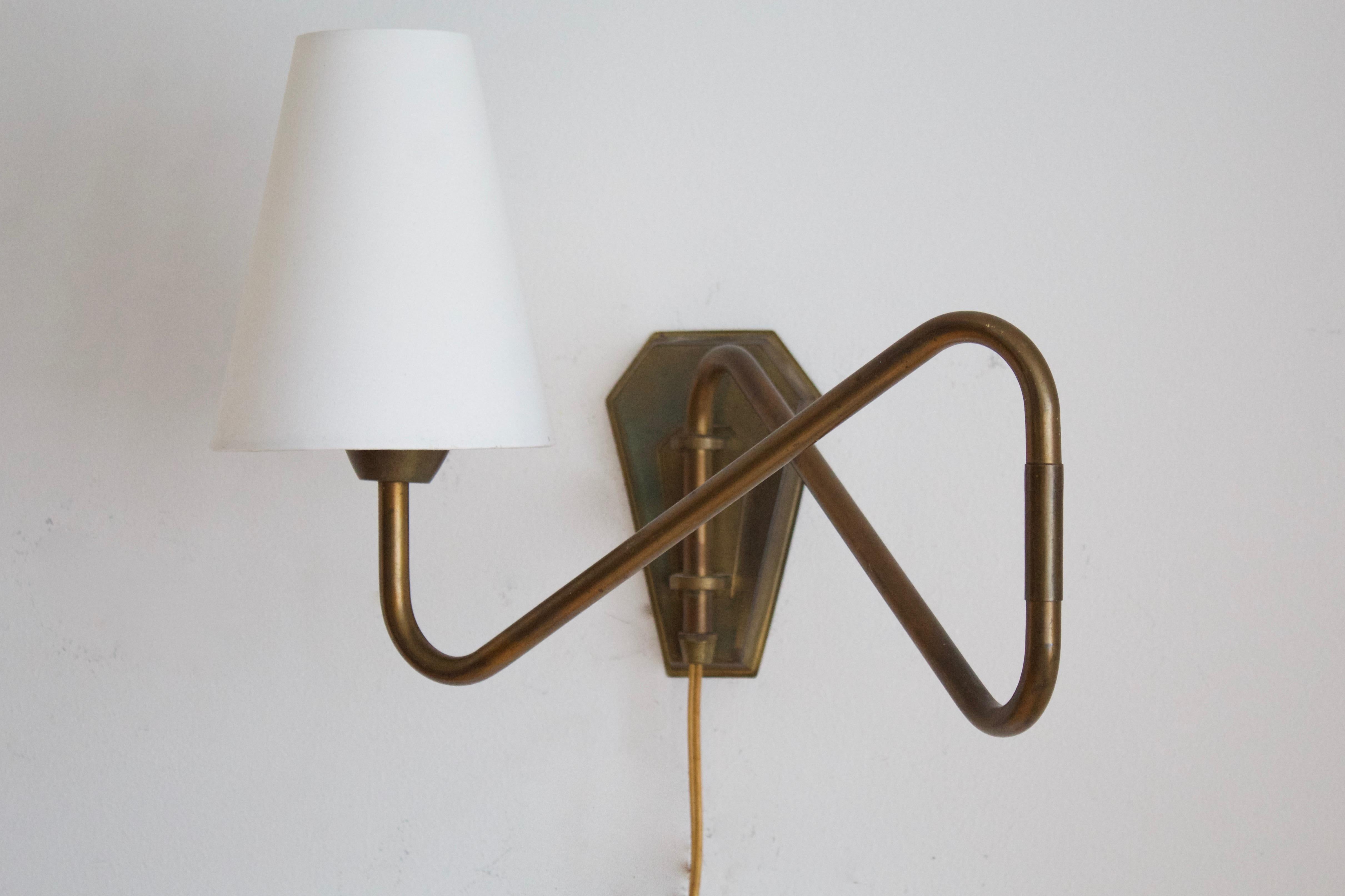 Danish Designer, Adjustable Wall Light, Brass, Fabric, Denmark, 1940s 1