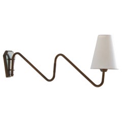 Danish Designer, Adjustable Wall Light, Brass, Fabric, Denmark, 1940s