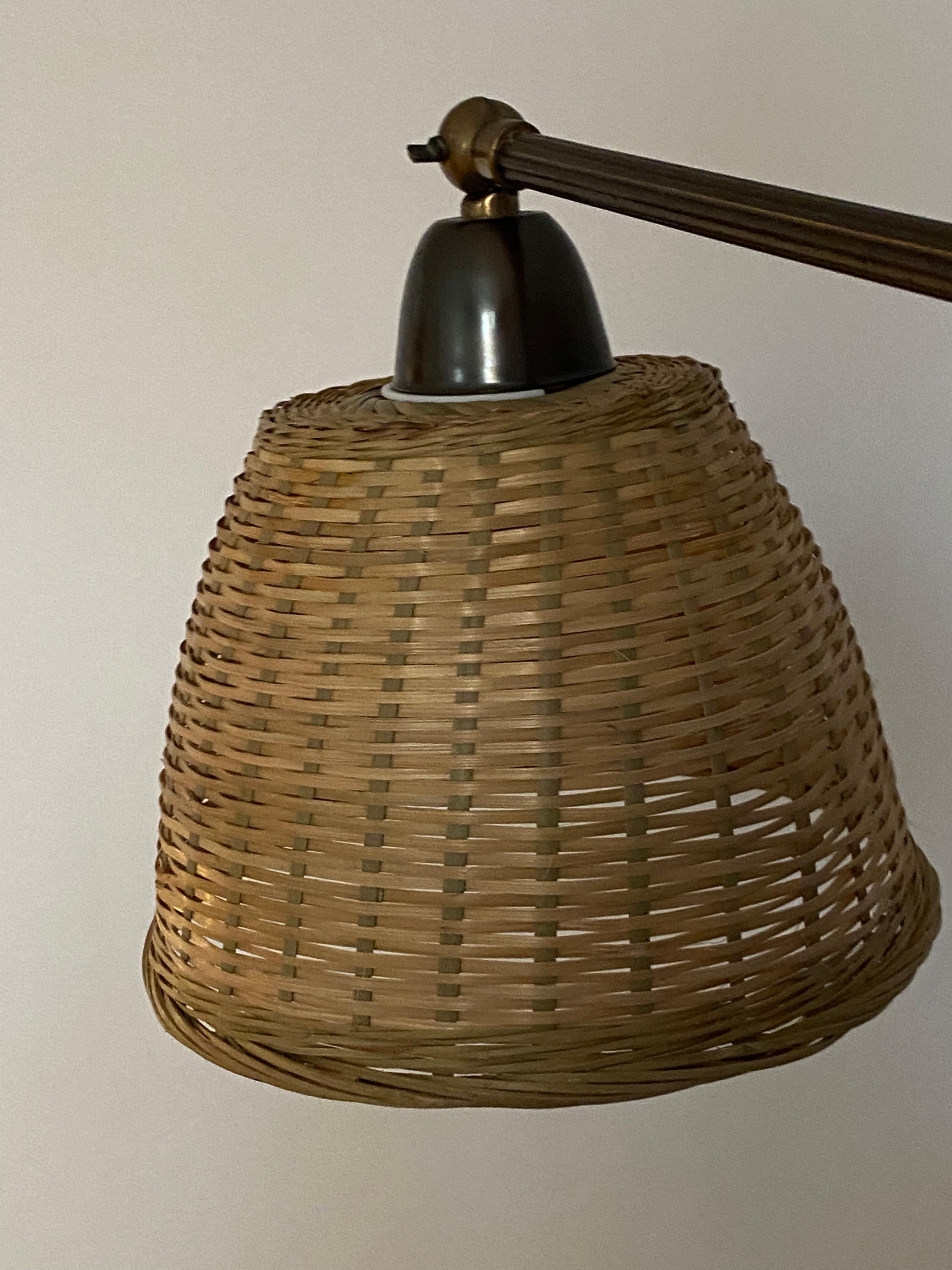 Mid-20th Century Danish Designer, Adjustable Wall Light, Brass, Metal, Rattan, Denmark, 1940s