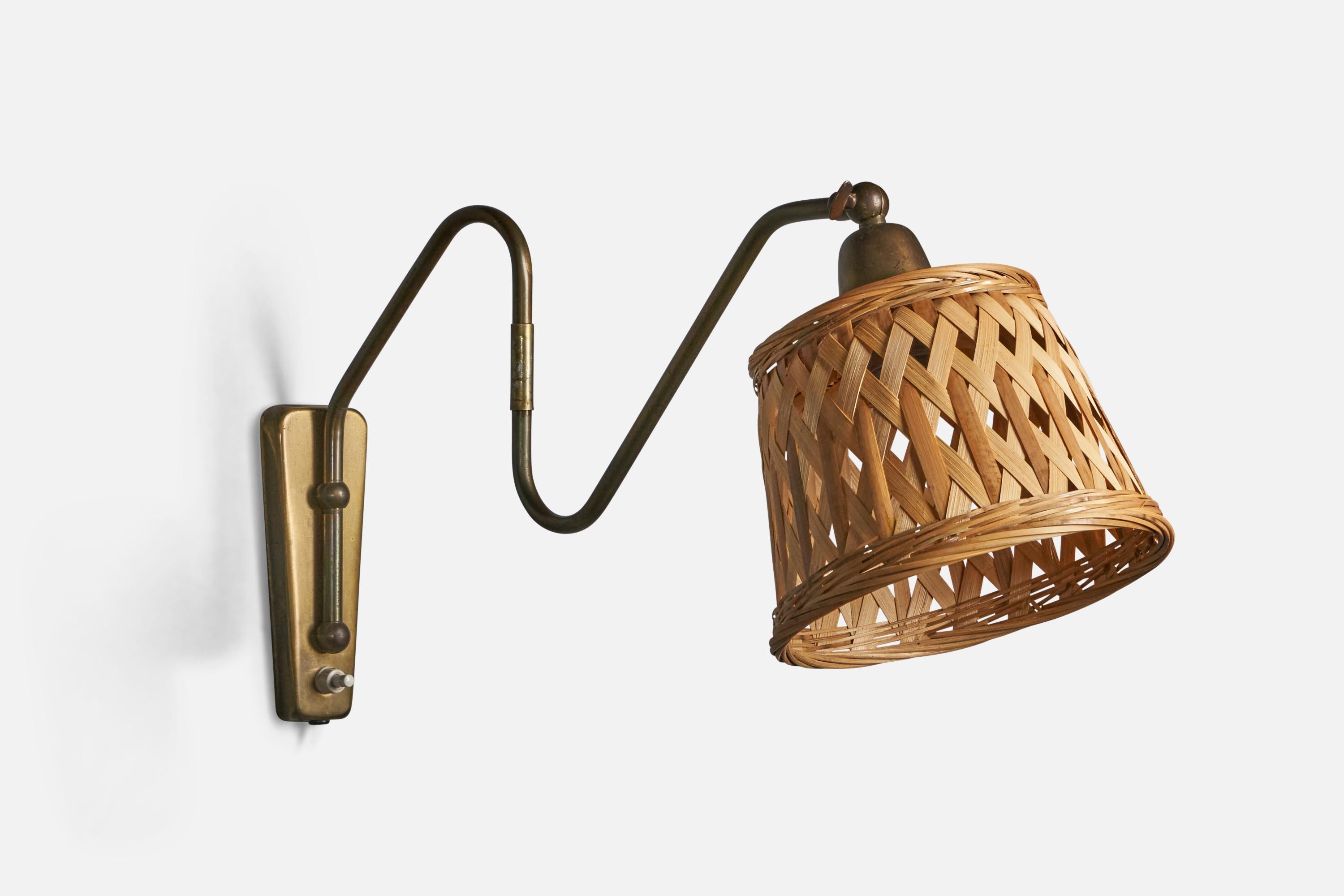 Mid-20th Century Danish Designer, Adjustable Wall Light, Brass, Rattan, Denmark, 1940s For Sale