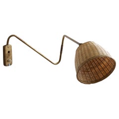 Danish Designer, Adjustable Wall Light, Brass, Rattan, Denmark, 1940s