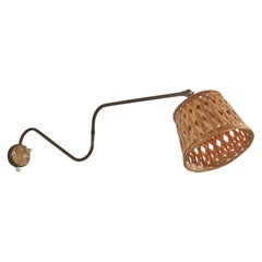 Danish Designer, Adjustable Wall Light, Brass, Rattan, Denmark, 1940s