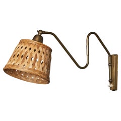 Danish Designer, Adjustable Wall Light, Brass, Rattan, Denmark, 1940s
